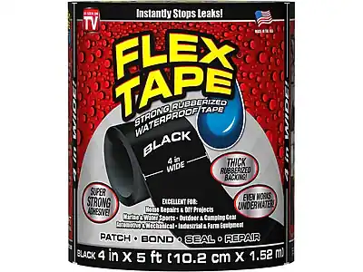 Instantly Stops Leaks!
TV FLEX TAPE
Strong Rubberized Waterproof Tape
Black 4 in Wide
Super Strong Adhesive!
Thick Rubberized Backing!
Even Works Underwater
Excellent for:
Home Repairs & DIY Projects
Marine & Water Sports - Outdoor & Camping Gear
Automotive & Mechanical - Industrial & Farm Equipment
Patch • Bond • Seal • Repair
Black 4 in x 5 ft (10.2 cm x 1.52 m)