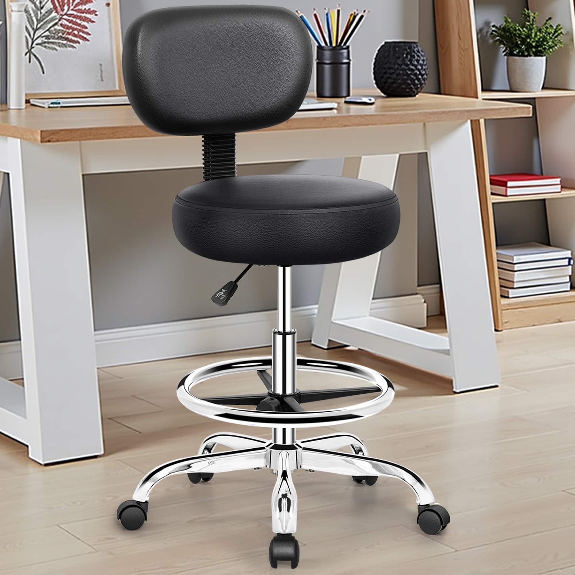 Front. KERDOM - Drafting Chair with Backrest, Adjustable Footrest Rolling Stool PU Leather for Office Studio Lab Counter Salon Bar Shop - Black.