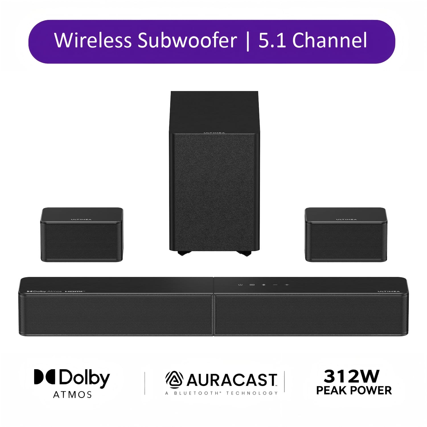 Ultimea - Poseidon R5T 5.1Ch Dolby Atmos Soundbar System, 5.25" Wireless Subwoofer, Rear Surround Speakers, HDMI eARC, 312W - Black