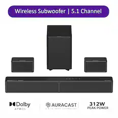 Wireless Subwoofer | 5.1 Channel
CHEESE
VITIME
.. Dolby 45mca MORTH
ULTIMEA
Dolby ATMOS
AURACAST A BLUETOOTH TECHNOLOGY
312W PEAK POWER