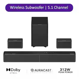 Ultimea - Poseidon R5T 5.1Ch Dolby Atmos Soundbar System, 5.25" Wireless Subwoofer, Rear Surround Speakers, HDMI eARC, 312W - Black