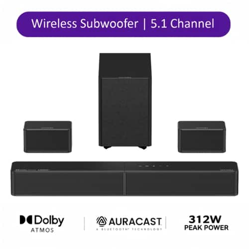 Ultimea - Poseidon R5T 5.1Ch Dolby Atmos Soundbar System, 5.25" Wireless Subwoofer, Rear Surround Speakers, HDMI eARC, 312W - Black