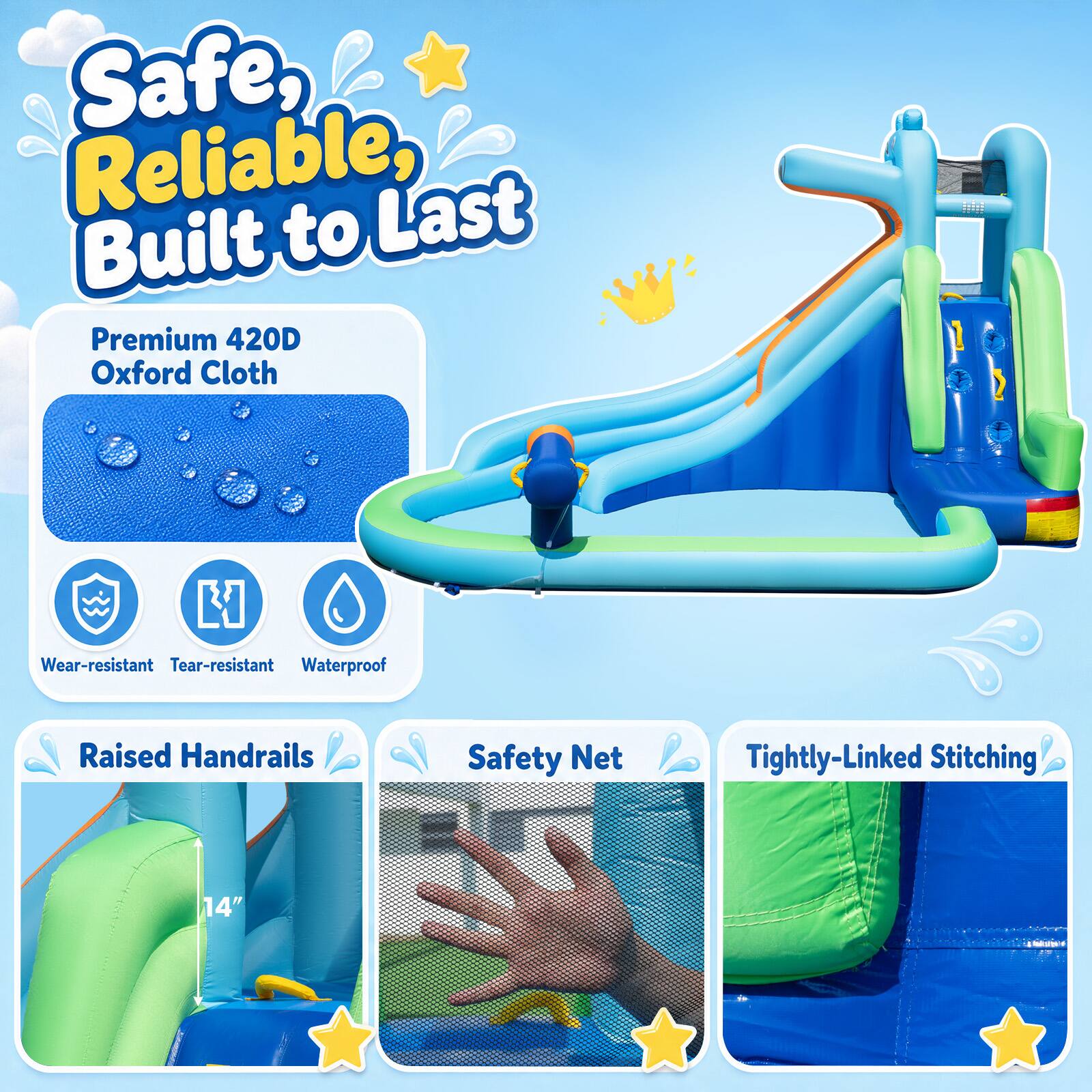 Safe, Reliable, Built to Last

Premium 420D Oxford Cloth

Wear-resistant, Tear-resistant, Waterproof

Raised Handrails

Safety Net

Tightly-Linked Stitching

14"