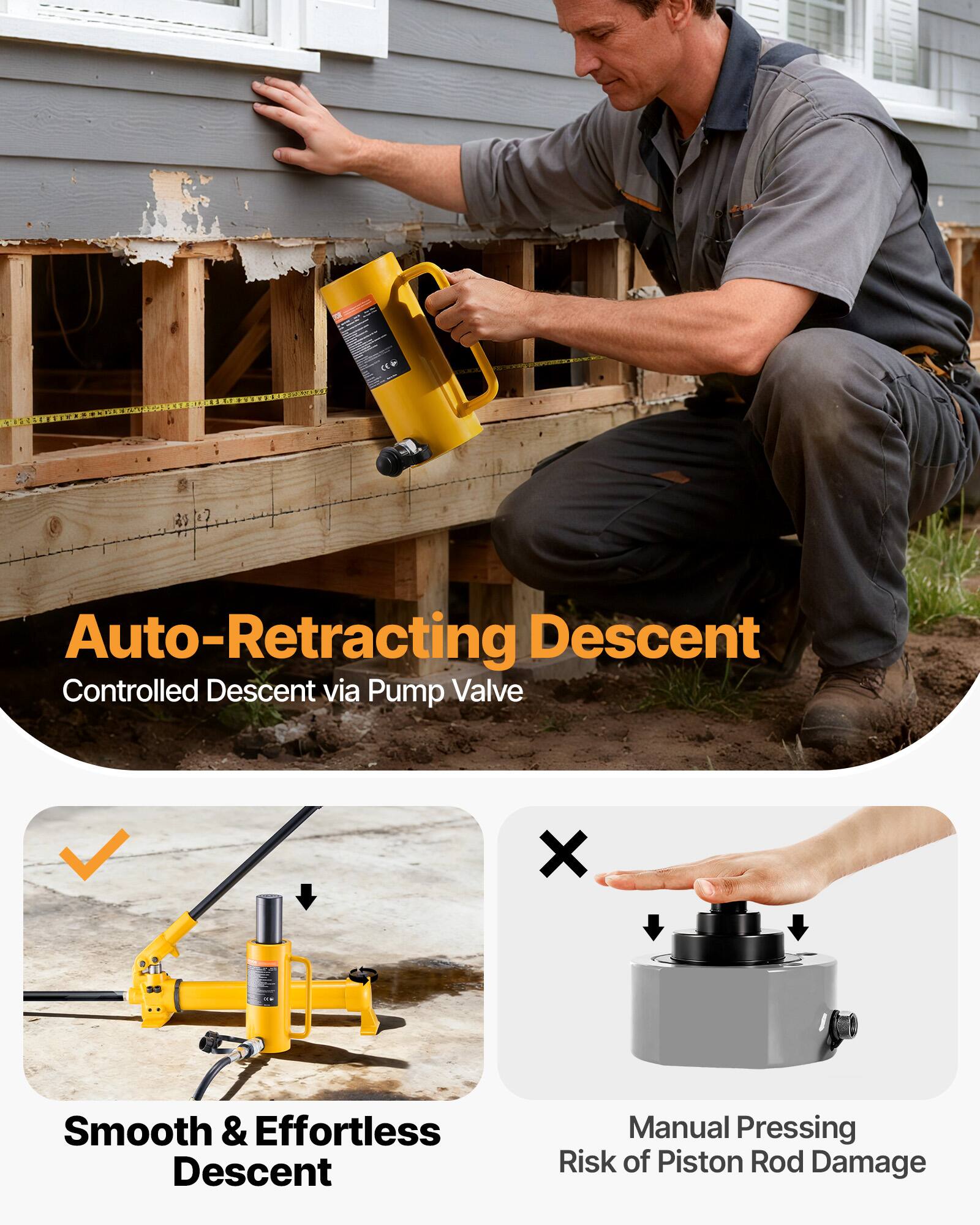 Auto-Retracting Descent  
Controlled Descent via Pump Valve  

Smooth & Effortless Descent  

Manual Pressing  
Risk of Piston Rod Damage