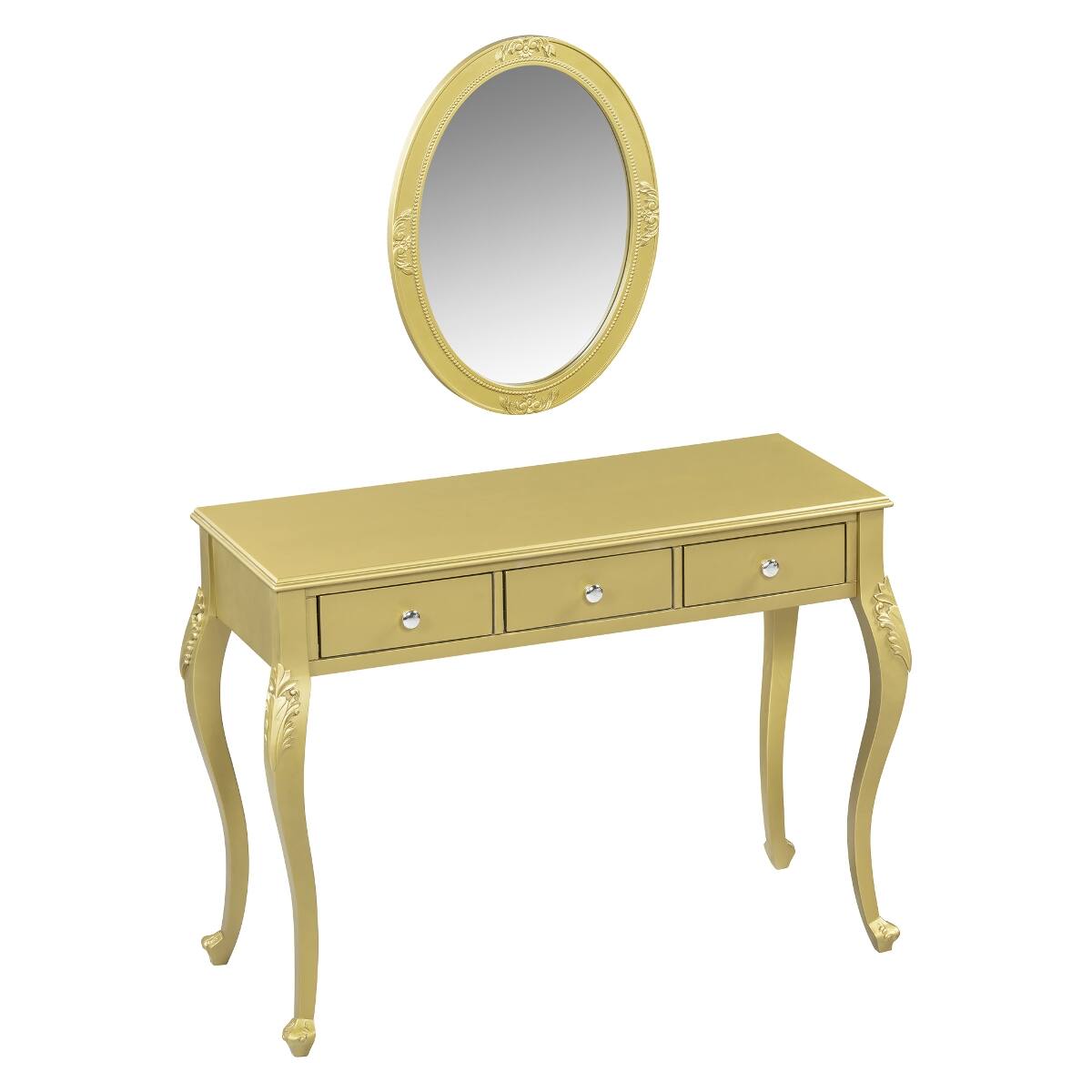 Alt View 2. Loheer - Loheer Gold Makeup Vanity Desk with Oval Mirror and Three Drawers - Gold.
