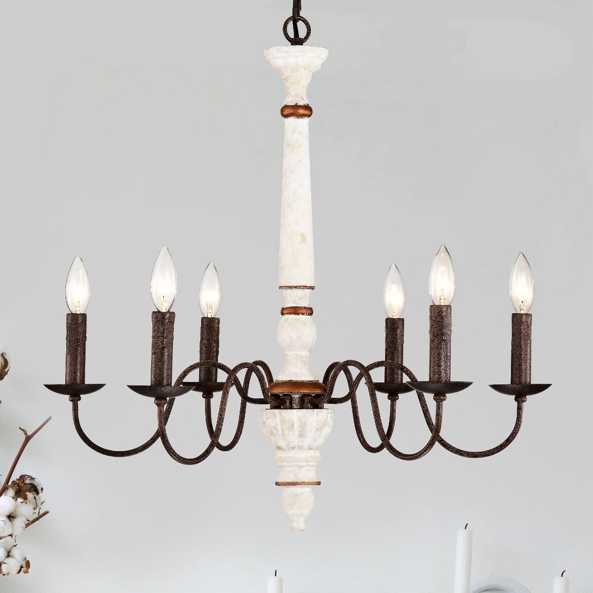 Angle. Loheer - Loheer 6 Light Farmhouse Chandelier, Retro White and Rust Metal E12 Pendant Light for Dining Room.