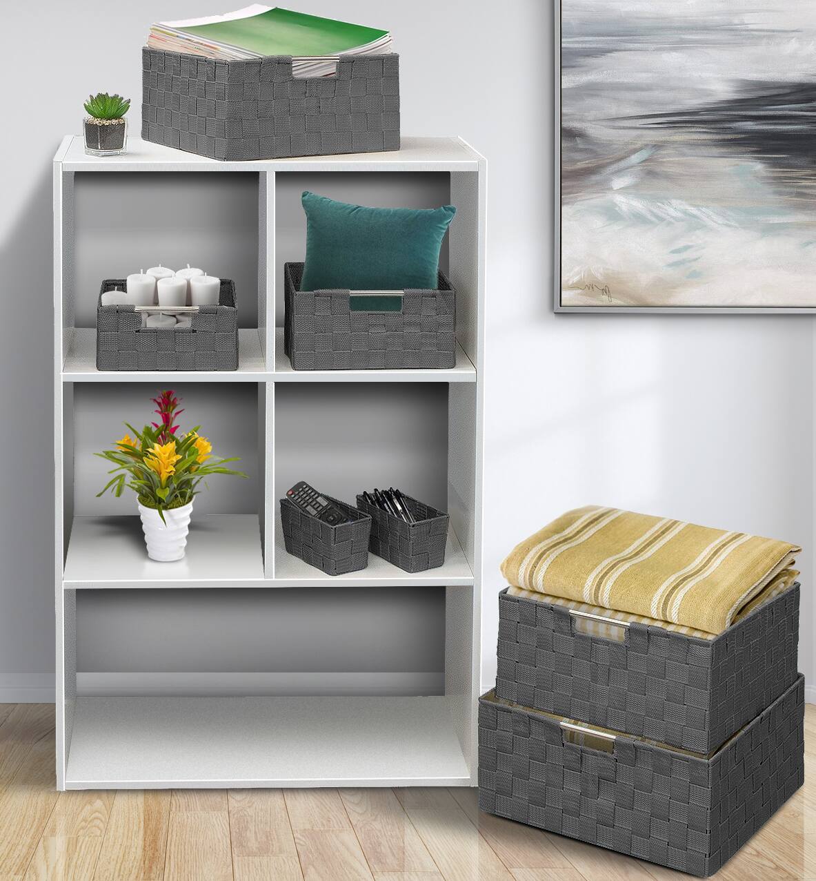 Angle. Sorbus - Sorbus 7 Piece Storage Baskets for Organizing , Mesh, Linen, Organizer Storage Baskets for Home or Office - Gray.