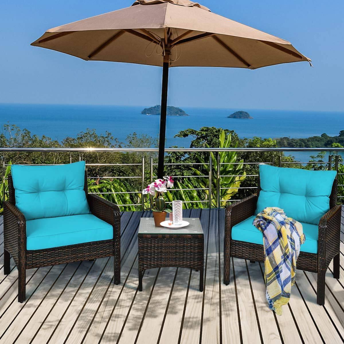Left. Hivvago - 3-Piece Brown PE Rattan Outdoor Patio Furniture Dining Set w/ Turquoise Cushions - Turquoise, Brown.