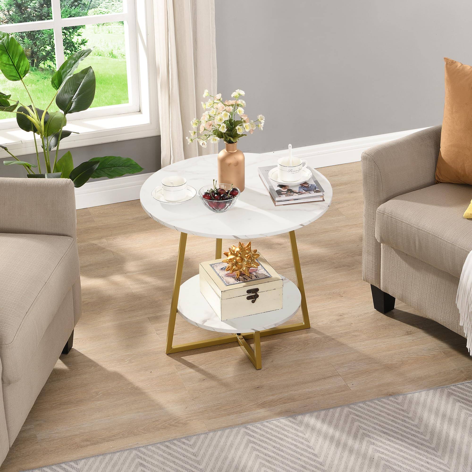 Alt View 3. Hanke - D h Furnimmt 20  Living Room Side Table For Small Spaces 2 Tier Wood Top Round End Tables With Storage Shelf - Black 1.