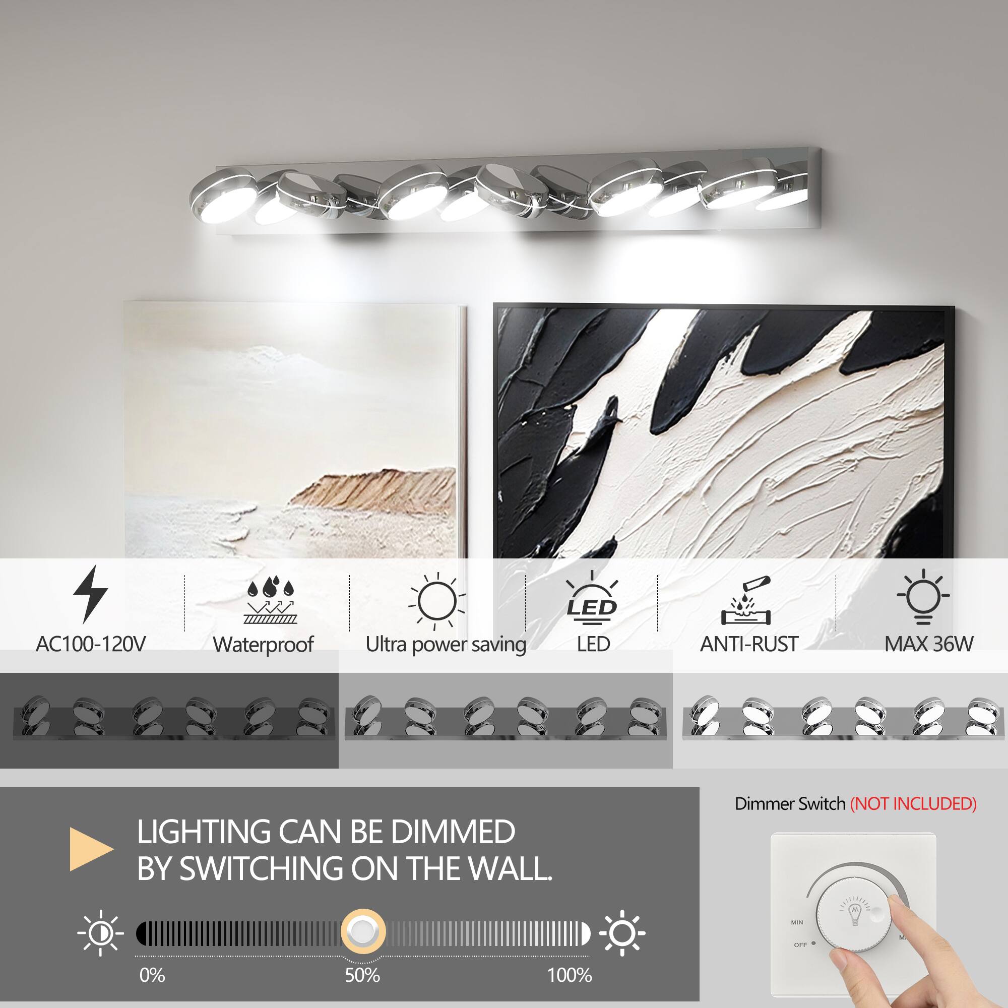 AC100-120V  
Waterproof  
Ultra power saving  
LED  
LED  
Anti-rust  
Max 36W  

Lighting can be dimmed by switching on the wall.  
Dimmer Switch (not included)  

0% 50% 100%