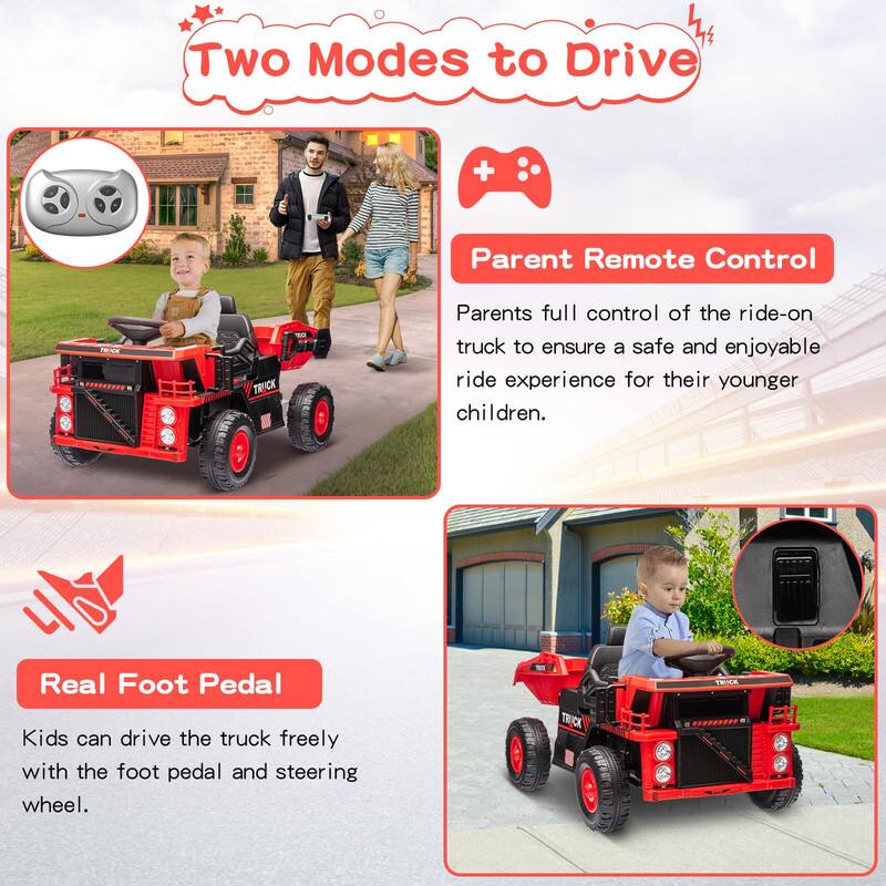 Two Modes to Drive

Parent Remote Control
Parents have full control of the ride-on truck to ensure a safe and enjoyable ride experience for their younger children.

Real Foot Pedal
Kids can drive the truck freely with the foot pedal and steering wheel.
