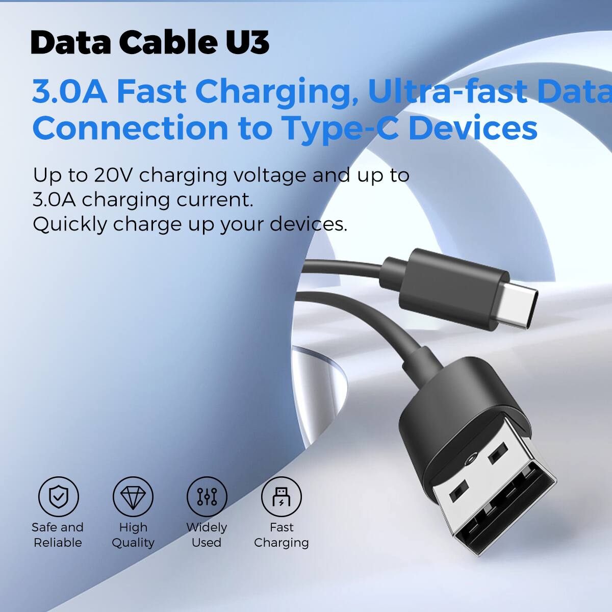 Data Cable U3, 3.0A Fast Charging, Ultra-fast Data Connection to Type-C Devices, Up to 20V charging voltage and up to 3.0A charging current. Quickly charge up your devices. Safe and Reliable, High Quality, Widely Used, Fast Charging.