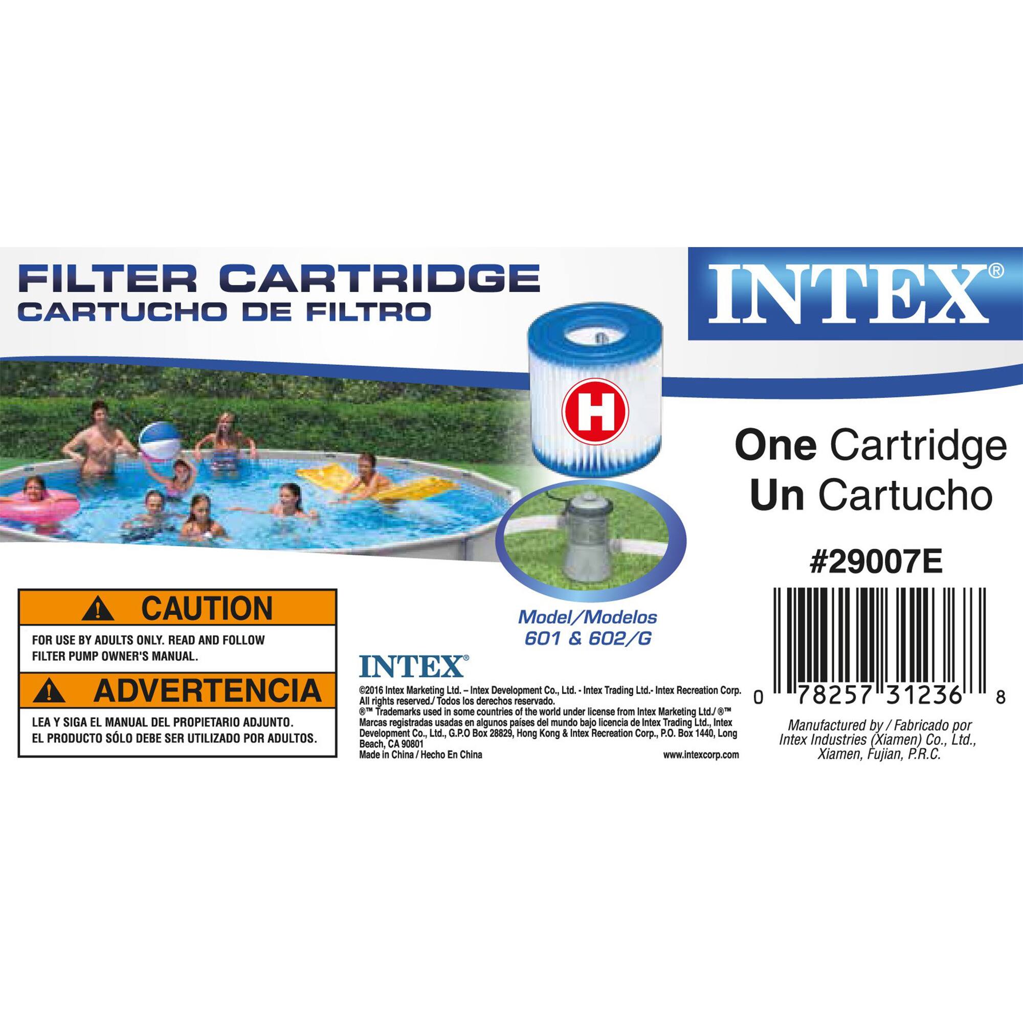 **FILTER CARTRIDGE**  
CARTUCHO DE FILTRO

**One Cartridge**  
Un Cartucho

**#29007E**

**Model/Modelos**  
601 & 602/G

---

**CAUTION**  
FOR USE BY ADULTS ONLY. READ AND FOLLOW FILTER PUMP OWNER'S MANUAL.  
ADVERTENCIA  
LEA Y SIGA EL MANUAL DEL PROPIETARIO ADJUNTO.  
EL PRODUCTO DEBE SER UTILIZADO POR ADULTOS.

---

©2016 Intex Marketing Ltd. - Intex Development Co. Ltd. - Intex Trading Ltd. - Intex Recreation Corp.  
Trademarks used in some countries of the world under license from Intex Marketing Ltd. & Intex Development Co. Ltd.  
Made in China / Hecho en China  
Xiamen, Fujian, P.R.C.

---

Manufactured by / Fabricado por  
Intex Industries (Xiamen) Co., Ltd.  
Xiamen, Fujian, P.R.C.

---

www.intexcorp.com