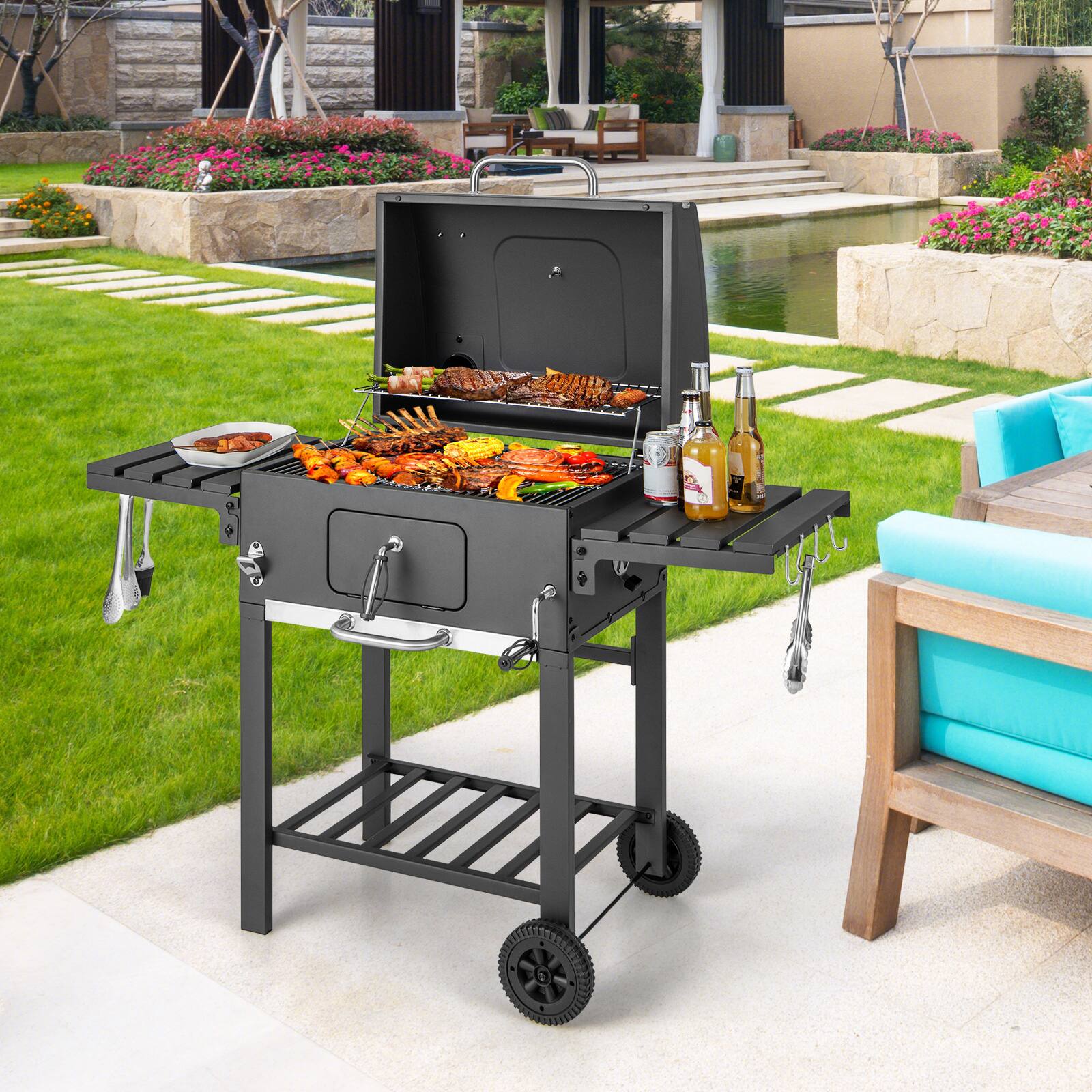 Alt View 8. Ecooso - Outdoor Camping BBQ Charcoal Grill with 2 Foldable Side Table and Wheels - Black.
