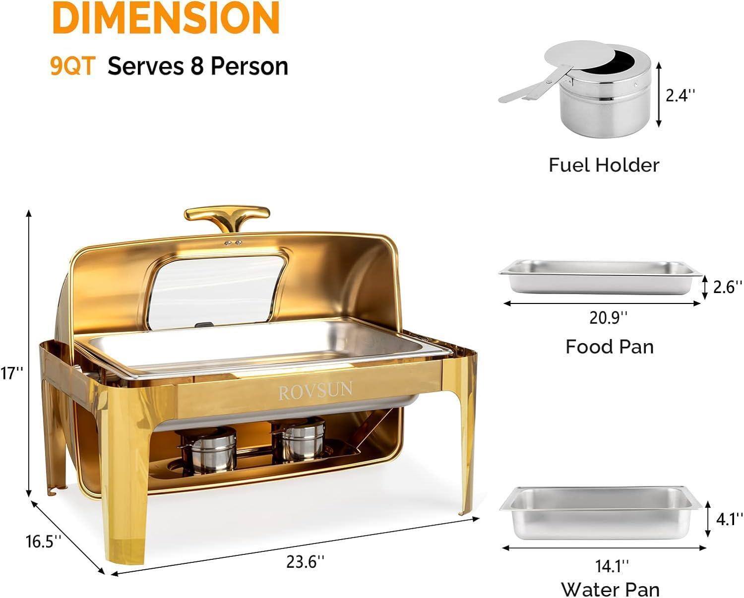 DIMENSION  
9QT Serves 8 Person  

- Fuel Holder: 2.4"  
- Food Pan: 20.9" x 2.6"  
- Water Pan: 14.1" x 4.1"  
- Overall Dimensions: 23.6" x 16.5" x 17"