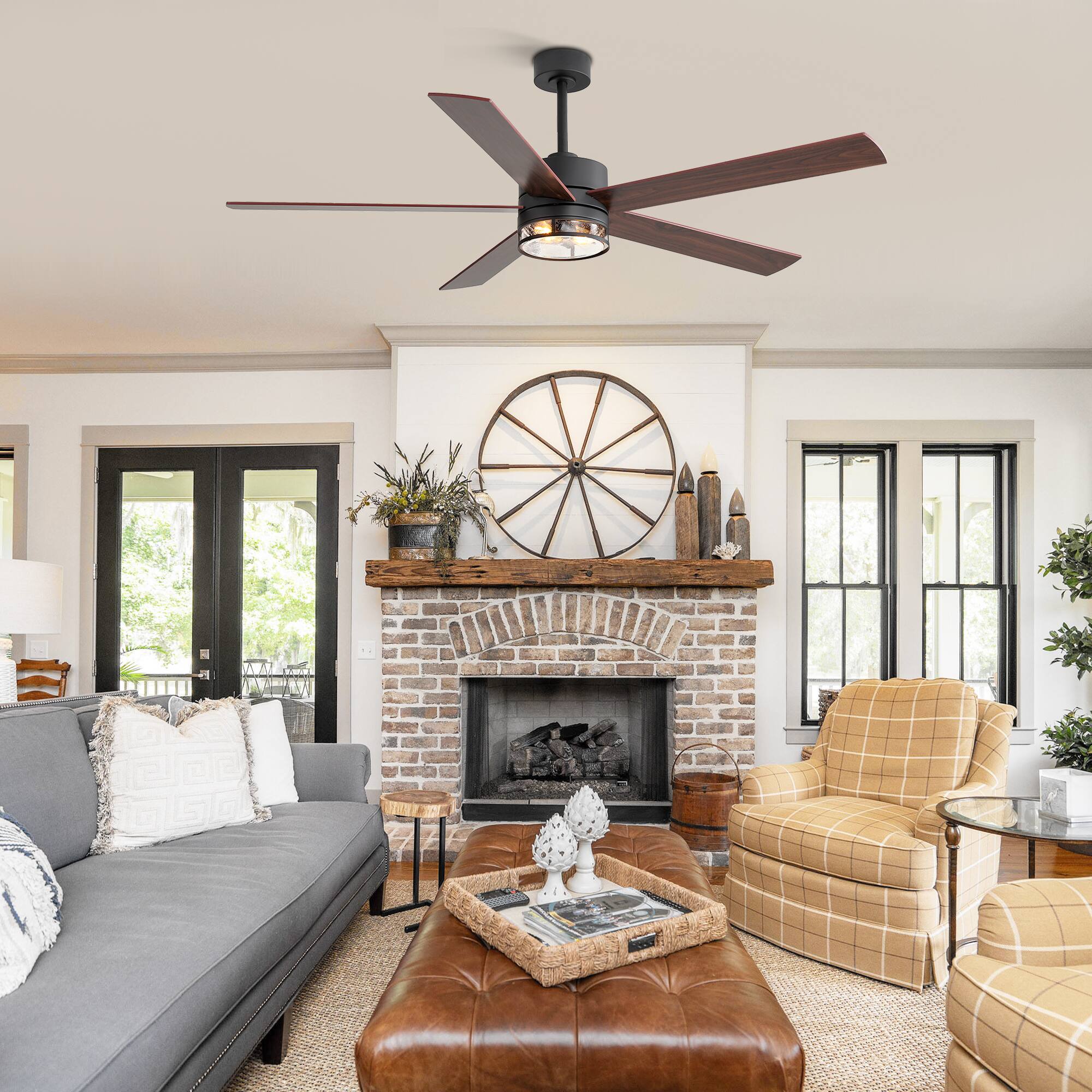 Back. Breezary - 65" Indoor Large Ceiling Fan with E26 Light Socket, Reversible Blade, Remote& 6-Speed DC Motor, 7/15'' Downrods - Black and Dual-Tone Wood Finish.