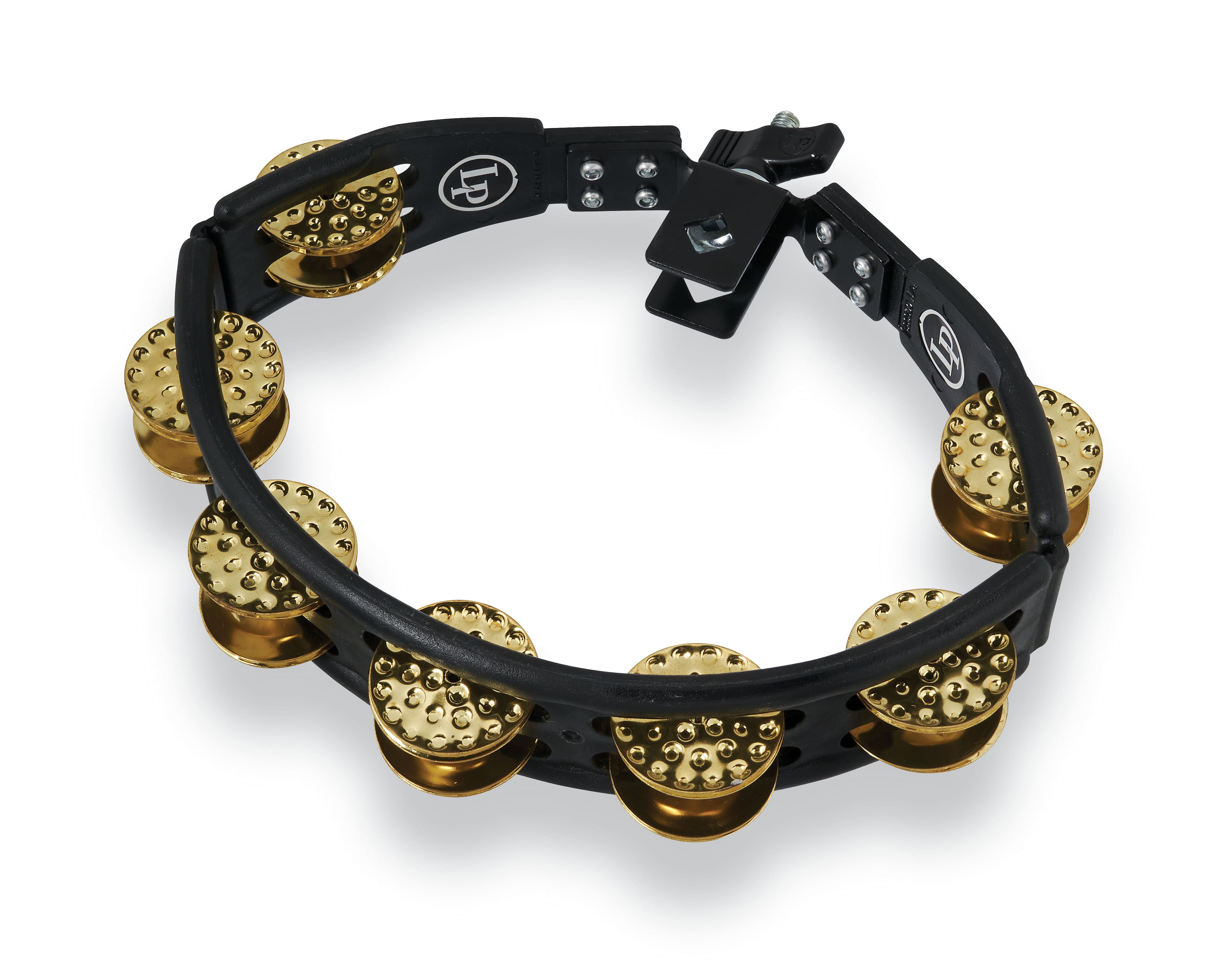 Front. Latin Percussion - Cyclops Mounted Dimpled Tambourine, Brass.