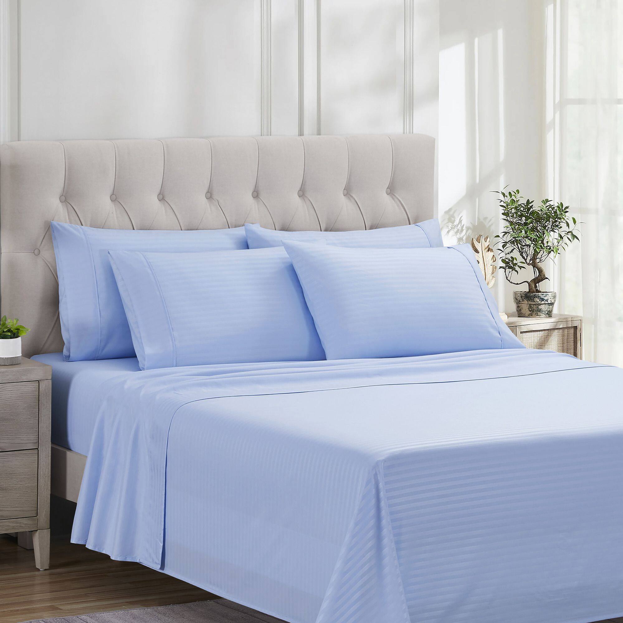 Front. Sweet Home Collection - 6 Piece Embossed Dobby Stripe Sheet Set, Double Brushed Microfiber, Queen - Light Blue.