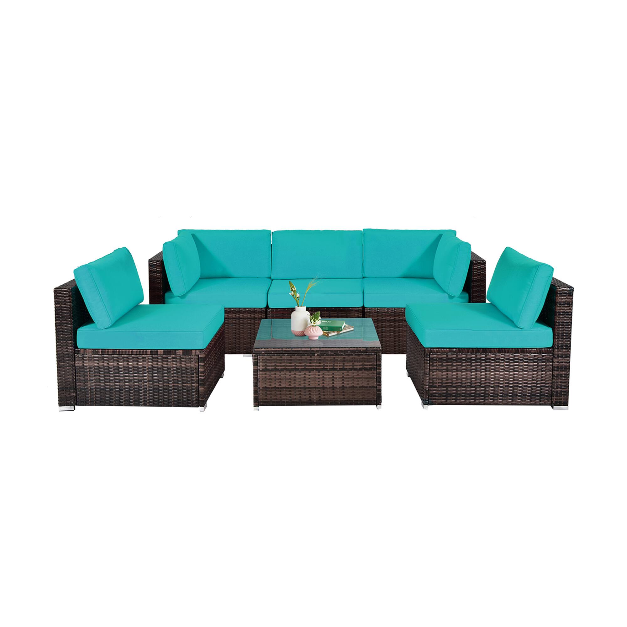 Alt View 9. Gymax - Gymax 6PCS Rattan Outdoor Sectional Sofa Set Patio Furniture Set w/ Turquoise Cushions - Turquoise.