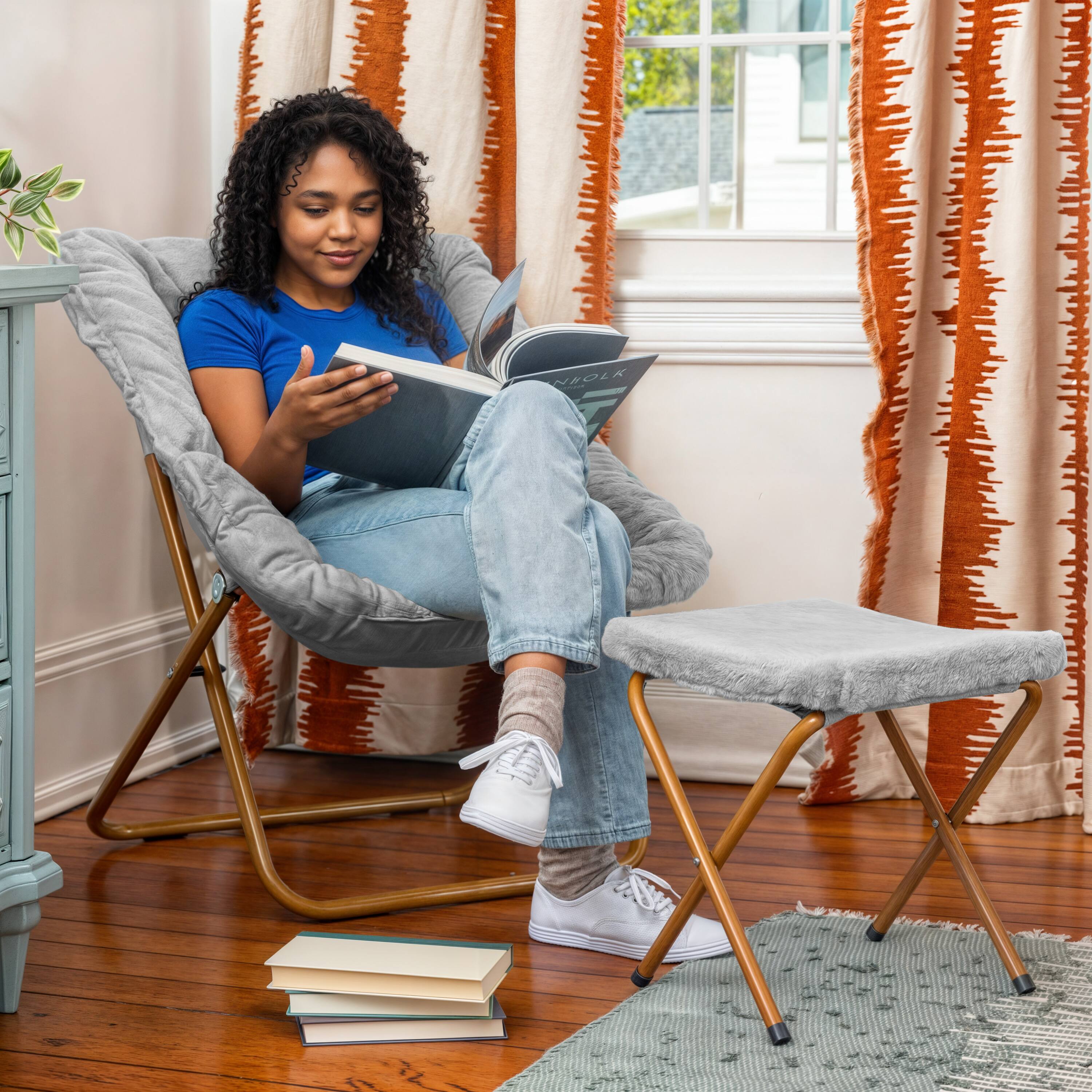 Alt View 3. Emma + Oliver - Aisling Oversized Folding Saucer Chair and Ottoman for Dorm, Bedroom - Gray Fabric/Soft Gold Frame.