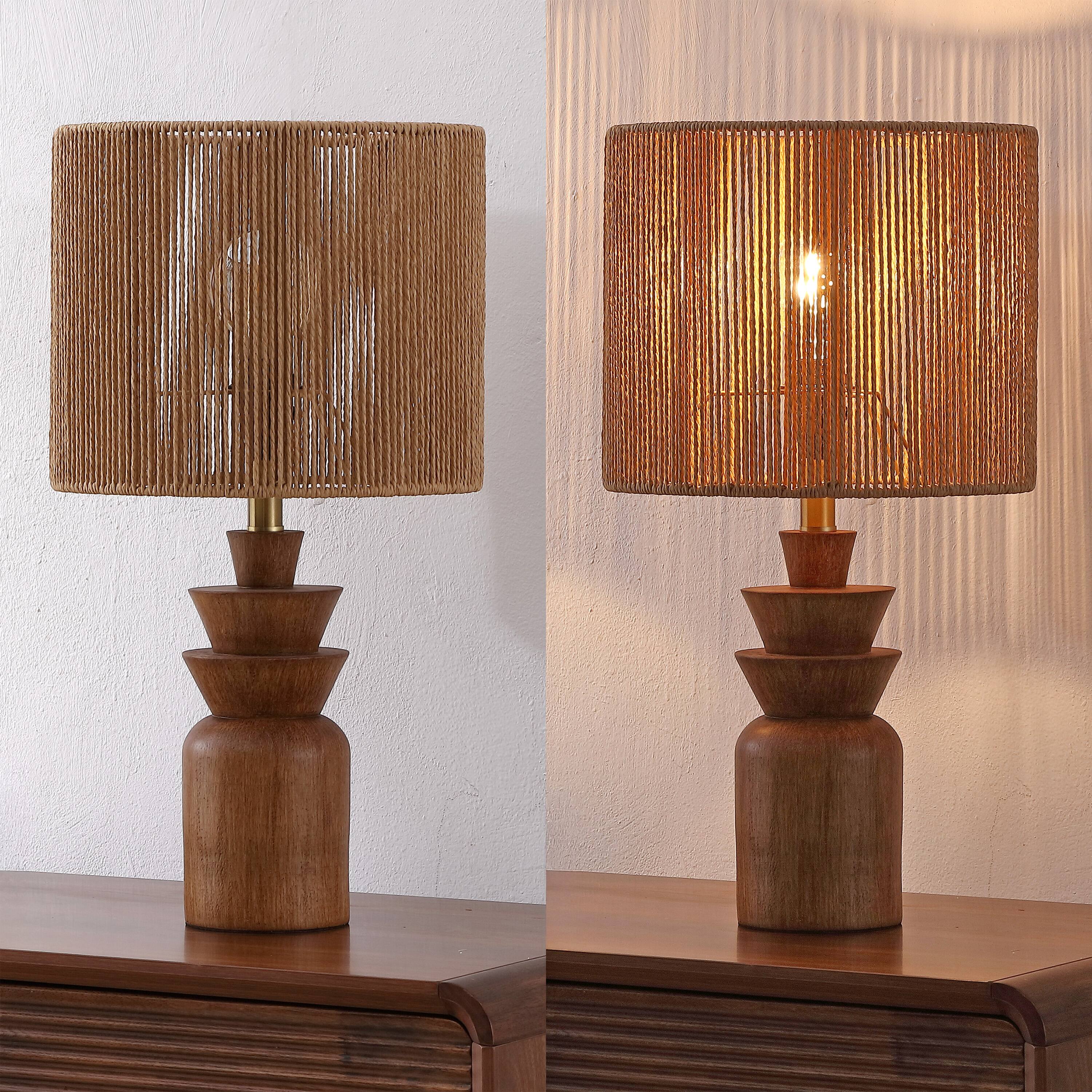 Alt View 6. Jonathan Y - Anderson 22 in.Tiered Totem Resin with Hand-Woven Paper Rope Drum Shade LED Table Lamp, Brown Wood Finish (Set of 2) - Brown Wood Finish.