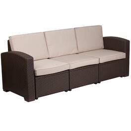 Emma + Oliver - Faux Rattan Sofa with All-Weather Cushions - Beige Cushions/Chocolate Brown Frame