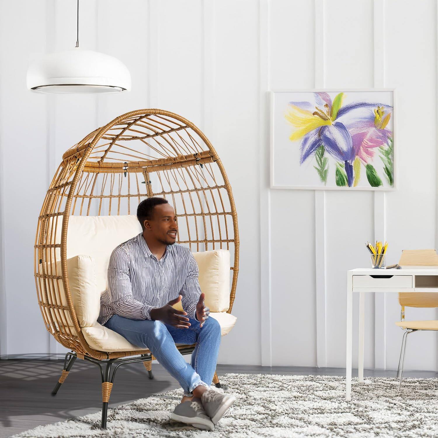 Back. Maple99 - Wicker Egg Chair PE Rattan Patio Chair with Steel Frame & Ivory Cushion Perfect for Balcony, Garden & Indoor Lounging - Beige.