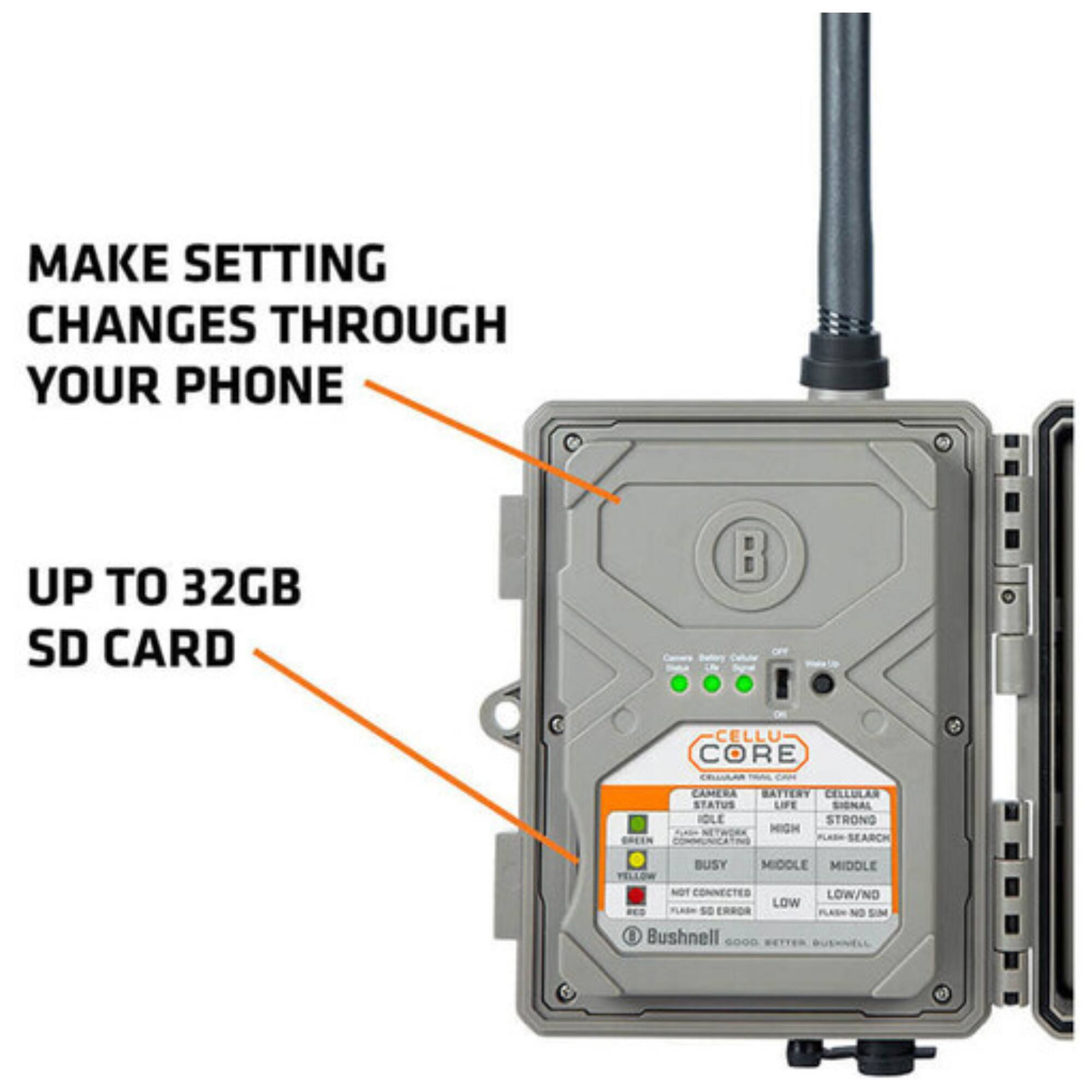 MAKE SETTING CHANGES THROUGH YOUR PHONE  
UP TO 32GB SD CARD  

CELLU CORE  
CAMERA BATTERY CELLULAR STATUS LIFE SIGNAL  
GREEN BUSY MIDDLE MIDDLE  
HIGH SEARCH CONNECTED LOW/NO LOW NO SIM  
FLASH ERROR STROND HIGH SEARCH  
BUSHNELL GOOD BETTER