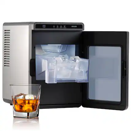 Front. VEVOR - Countertop Ice Maker, 22 lbs per Day, Self-Cleaning Portable Machine with Tong, Drawer-Style Ice Access - Stainless steel color + black.