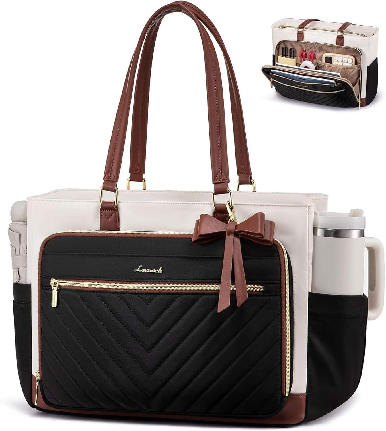 Vulpecula Spade - Teacher Tote Bag for Women, Work Bags Laptop Bag with Large Cup Holder, Quilted Nurse Bag Diaper Tote with Multi-Pockets - Black-beige-brown