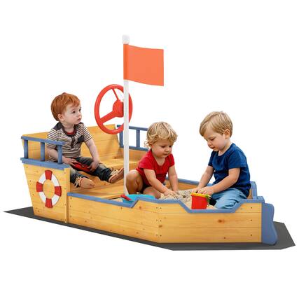 Front. Outsunny - Wooden Kids Sandbox, Pirate Ship Outdoor Sandboat, Bench Seats, Storage, Non-Woven Fabric Cloth, Lawn.