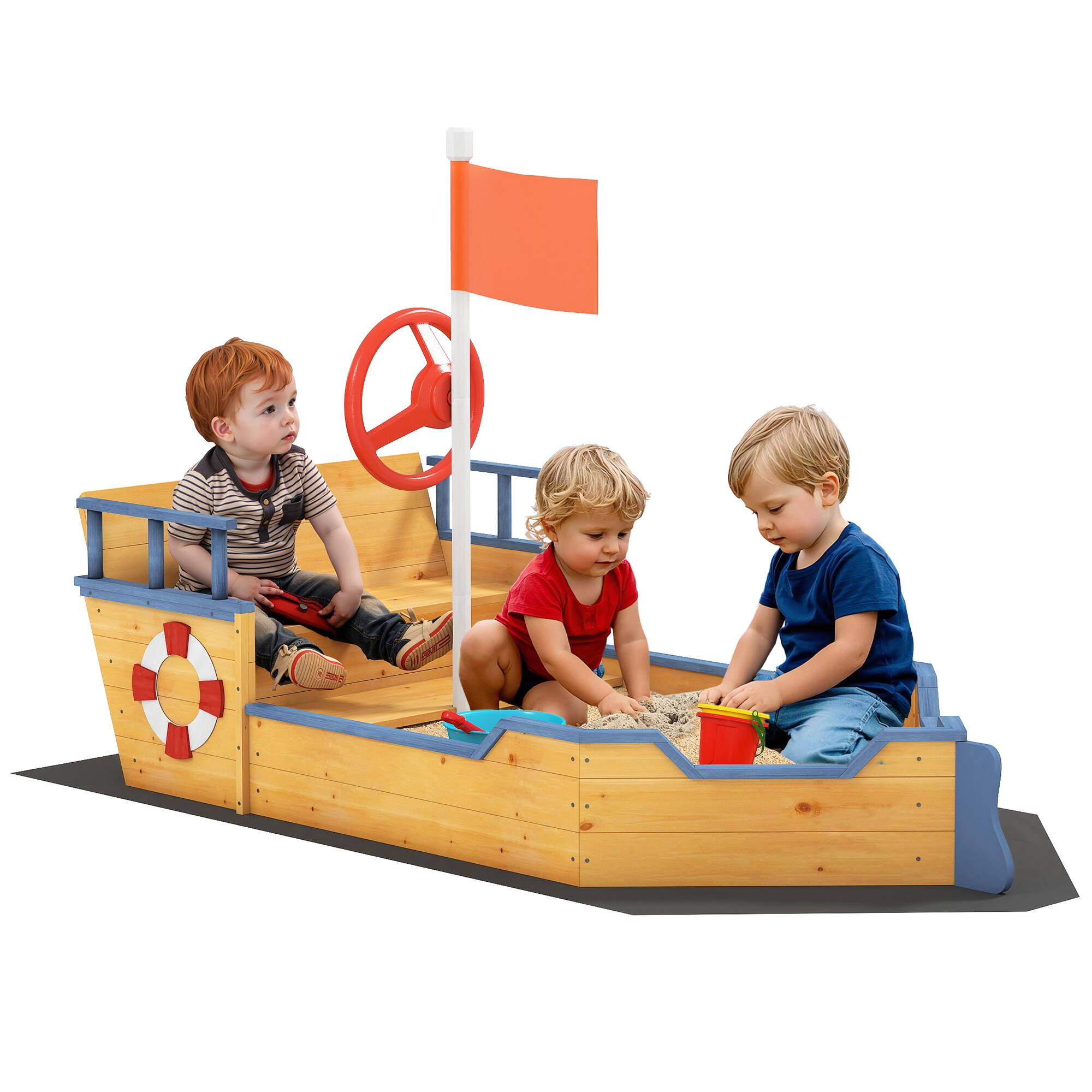 Front. Outsunny - Wooden Kids Sandbox, Pirate Ship Outdoor Sandboat, Bench Seats, Storage, Non-Woven Fabric Cloth, Lawn.