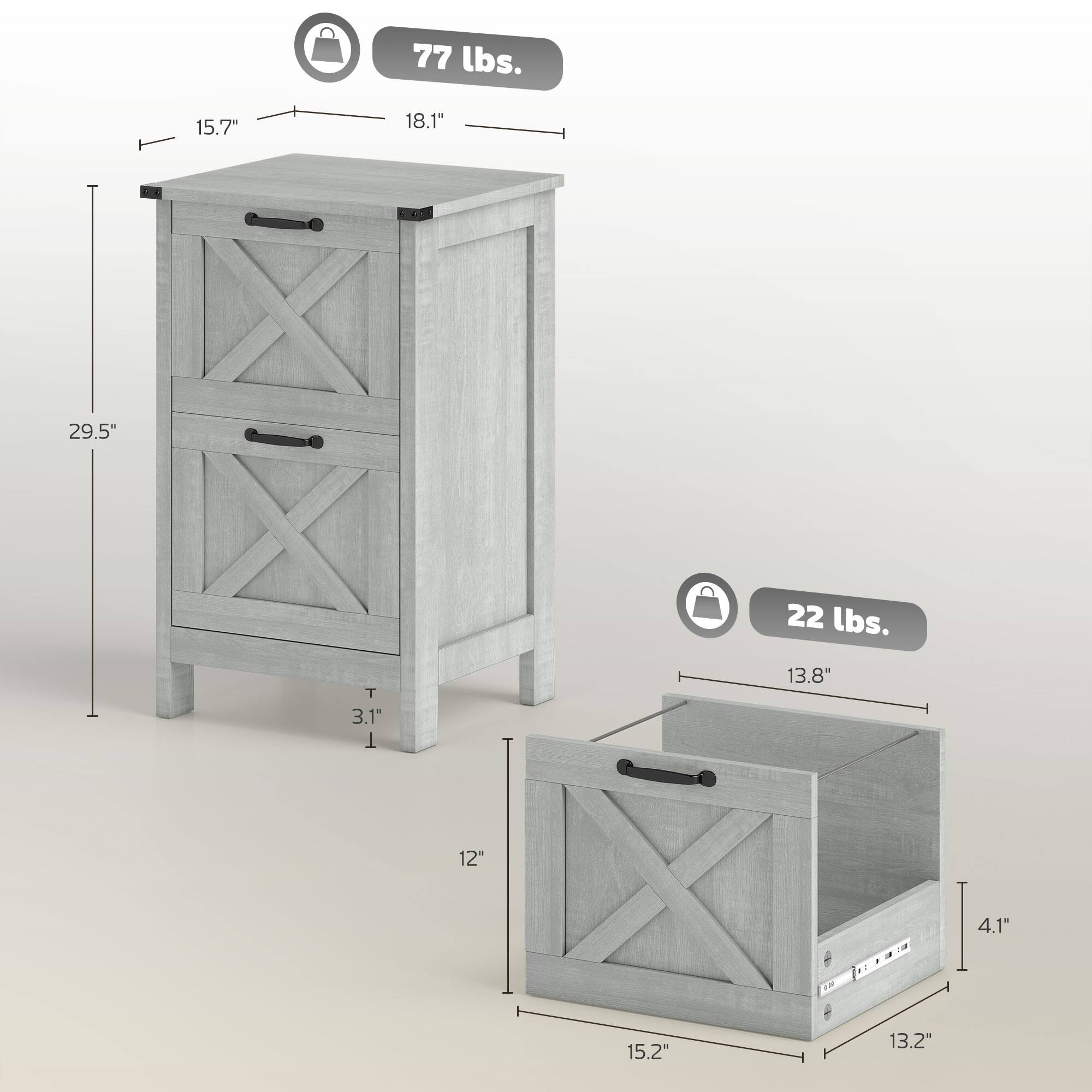 77 lbs.  
15.7" x 18.1" x 29.5"  
22 lbs.  
13.8" x 15.2" x 13.2"  
3.1" x 12" x 4.1"