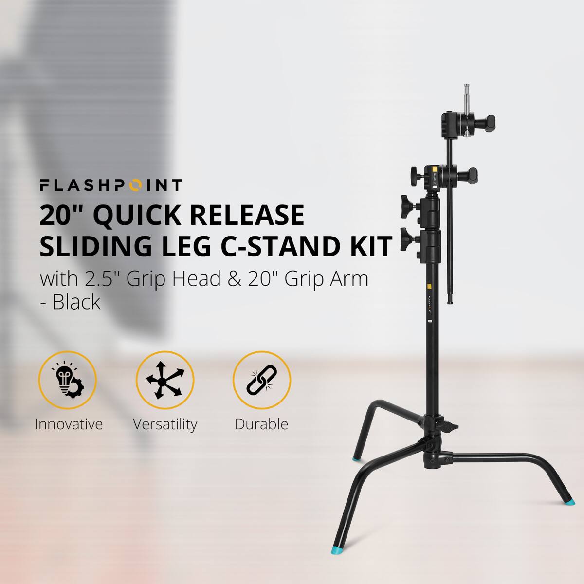 FLASHPOINT 20" QUICK RELEASE SLIDING LEG C-STAND KIT with 2.5" Grip Head & 20" Grip Arm - Black

Innovative
Versatility
Durable