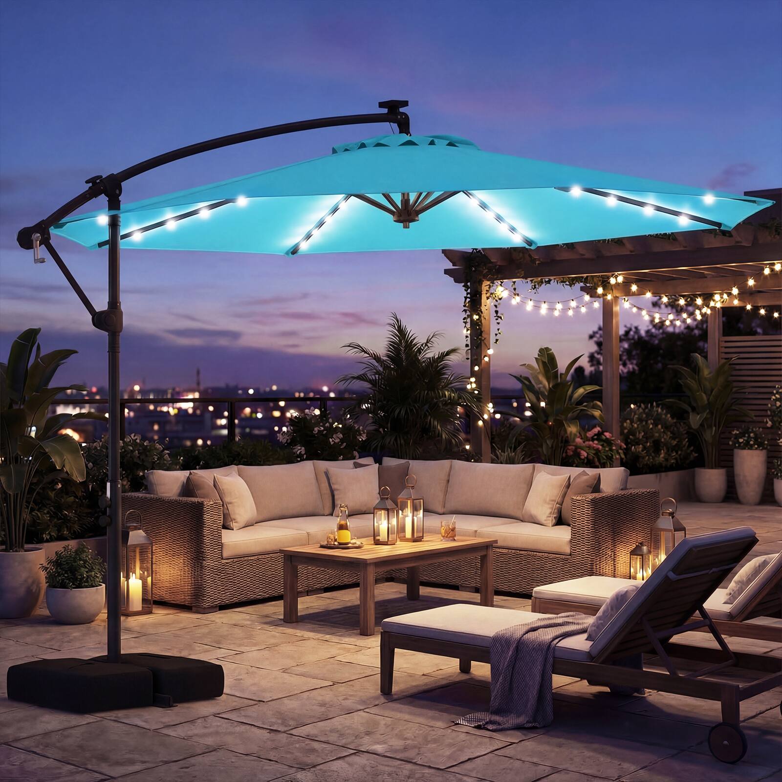 Alt View 3. Costway - Costway 10 FT Solar Offset Hanging Umbrella Patio Cantilever Umbrella with 32 LED Lights - Turquoise.