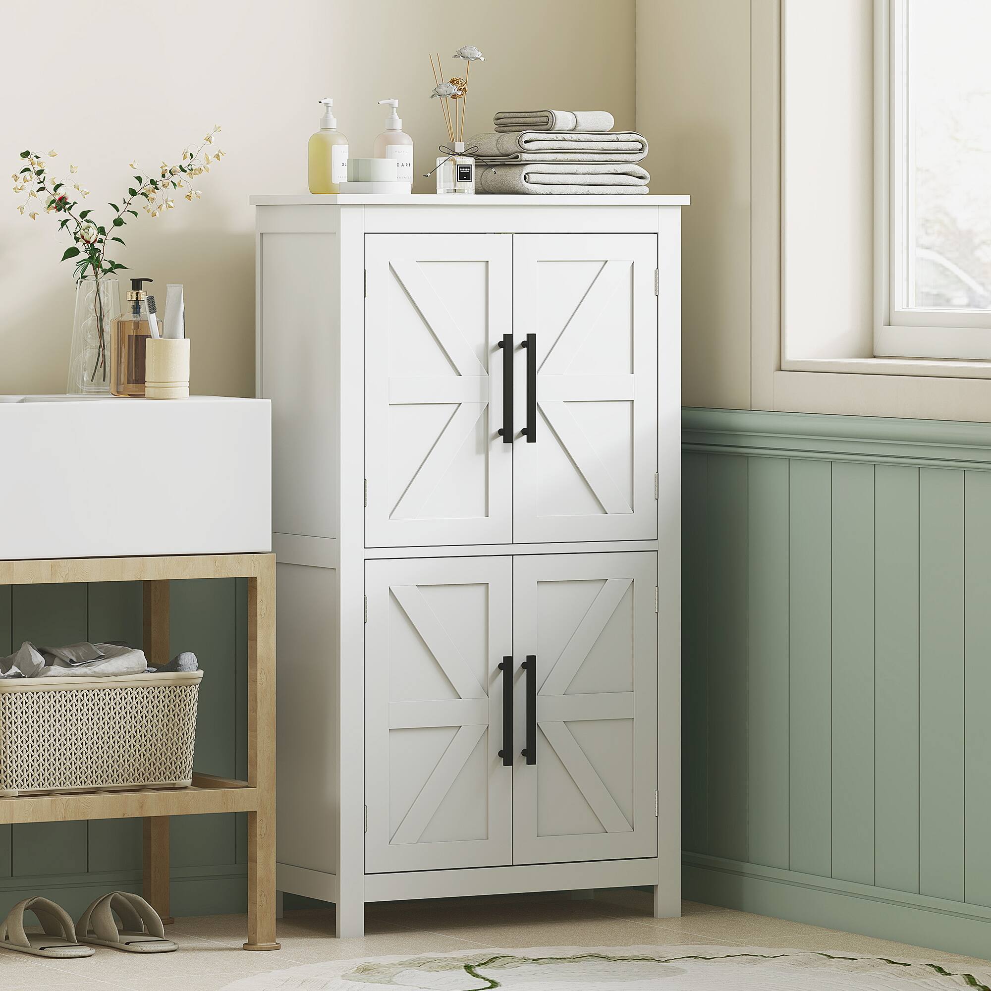 Alt View 1. Homcom - Farmhouse Bathroom Storage Cabinet with 4 Barn Doors, Bathroom Floor Cabinet with 2 Adjustable Shelf - White.