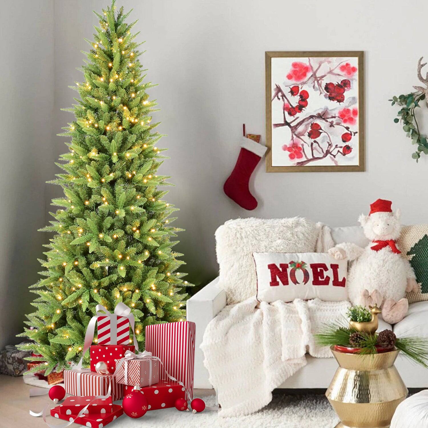 Alt View 1. Boyel Living - 6 ft. Slim Christmas Tree Pre Lit with 300 Warm White LED Lights 850 Tips PE PVC Hinged - Green.