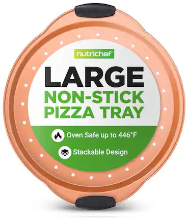 The Munich Nutrichef Large Non-Stick Pizza Tray is oven safe up to 446°F and features a stackable design.