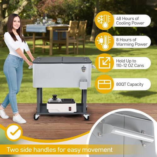 48 Hours of Cooling Power  
8 Hours of Warming Power  
Hold Up to 110-120 OZ Cans  
80QT Capacity  
Two side handles for easy movement