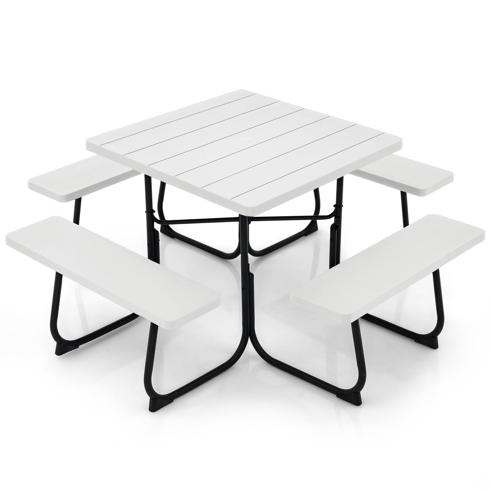 Gymax - Outdoor Picnic Table 8-person Square Picnic Table Bench Set w/ 4 Benches & Umbrella Hole - White