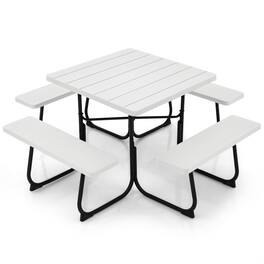 Gymax - Outdoor Picnic Table 8-person Square Picnic Table Bench Set w/ 4 Benches & Umbrella Hole - White