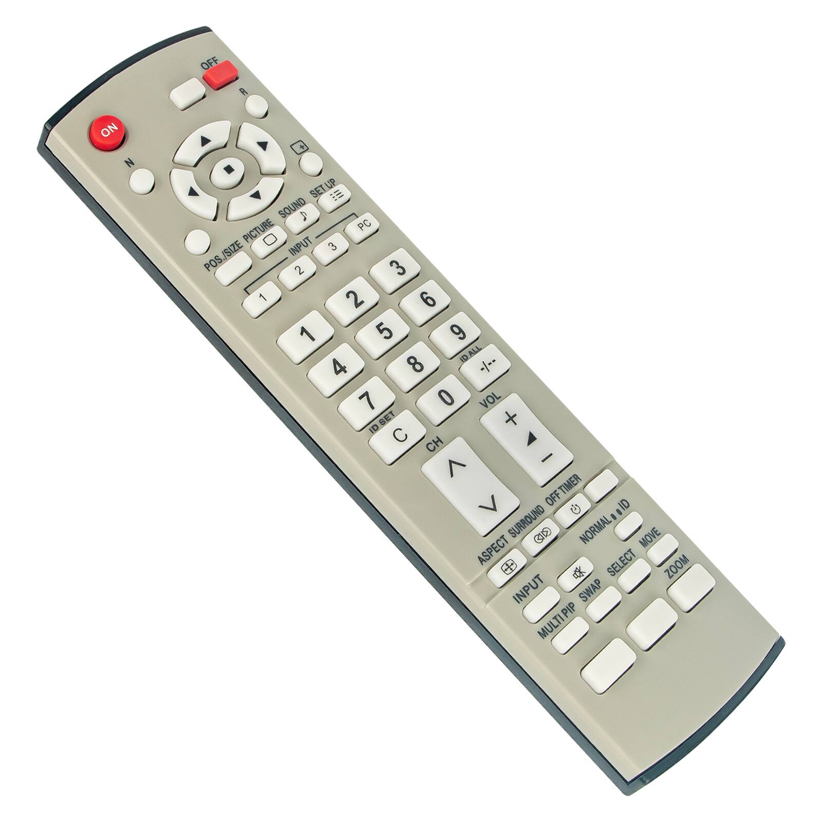 Sure, here is the corrected and grouped text from the image:

- **Top Row:**
  - OFF
  - ON

- **Circular Navigation:**
  - N
  - W
  - E
  - S

- **Left Column:**
  - POS./SIZE
  - PICTURE
  - INPUT
  - 1
  - 2
  - 3
  - 4
  - 5
  - 6
  - 7
  - 8
  - 9
  - 0
  - C
  - ID/SET

- **Middle Row:**
  - SOUND
  - SETUP
  - PC
  - 3
  - 2
  - 1
  - 6
  - 5
  - 4
  - 9
  - 8
  - 7
  - 0
  - VOL

- **Right Column:**
  - CH
  - + (up arrow)
  - - (down arrow)
  - TIMER
  - OFF TIMER
  - SURROUND
  - NORMAL
  - MOVE
  - ASPECT
  - SELECT