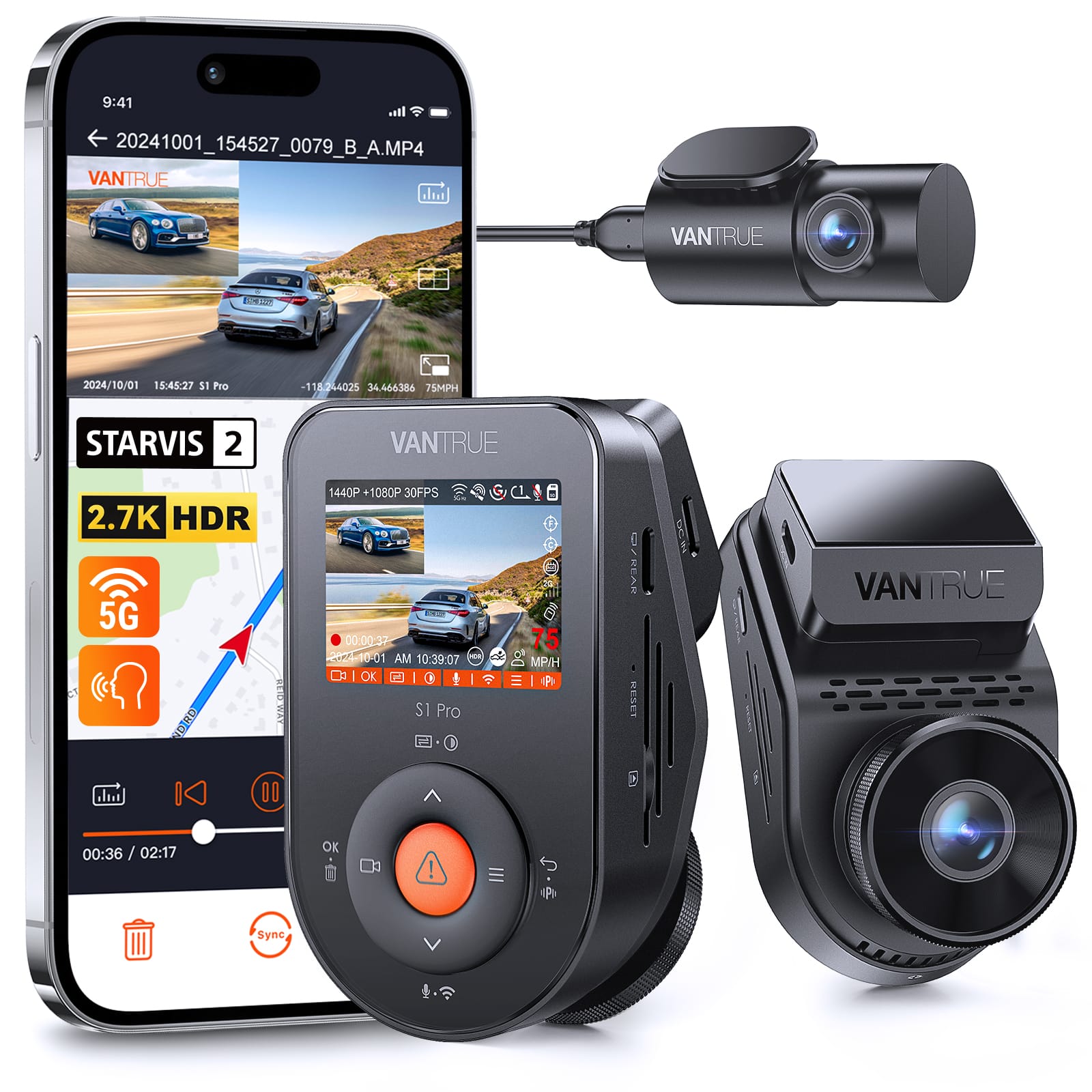Vantrue - S1 PRO 3K + 1080P HDR Front and Rear Dashcam, STARVIS 2, Night Vision, Parking Mode, ADAS, 5GHz Wi-Fi & GPS - Black
