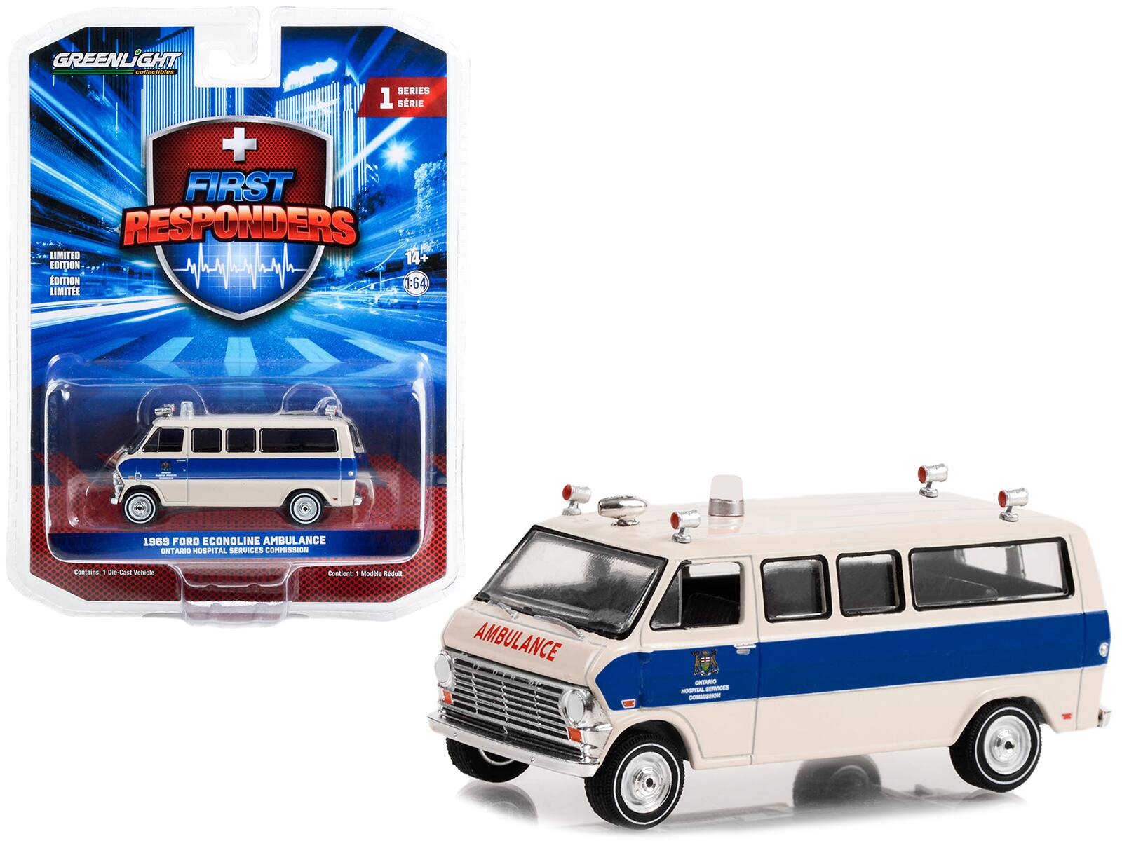 Greenlight - 1969 Ford Econoline Ambulance Beige/Blue "Ontario Hospital Services Commission Canada" "First Responders" Series 1 1/64 - Beige and Blue