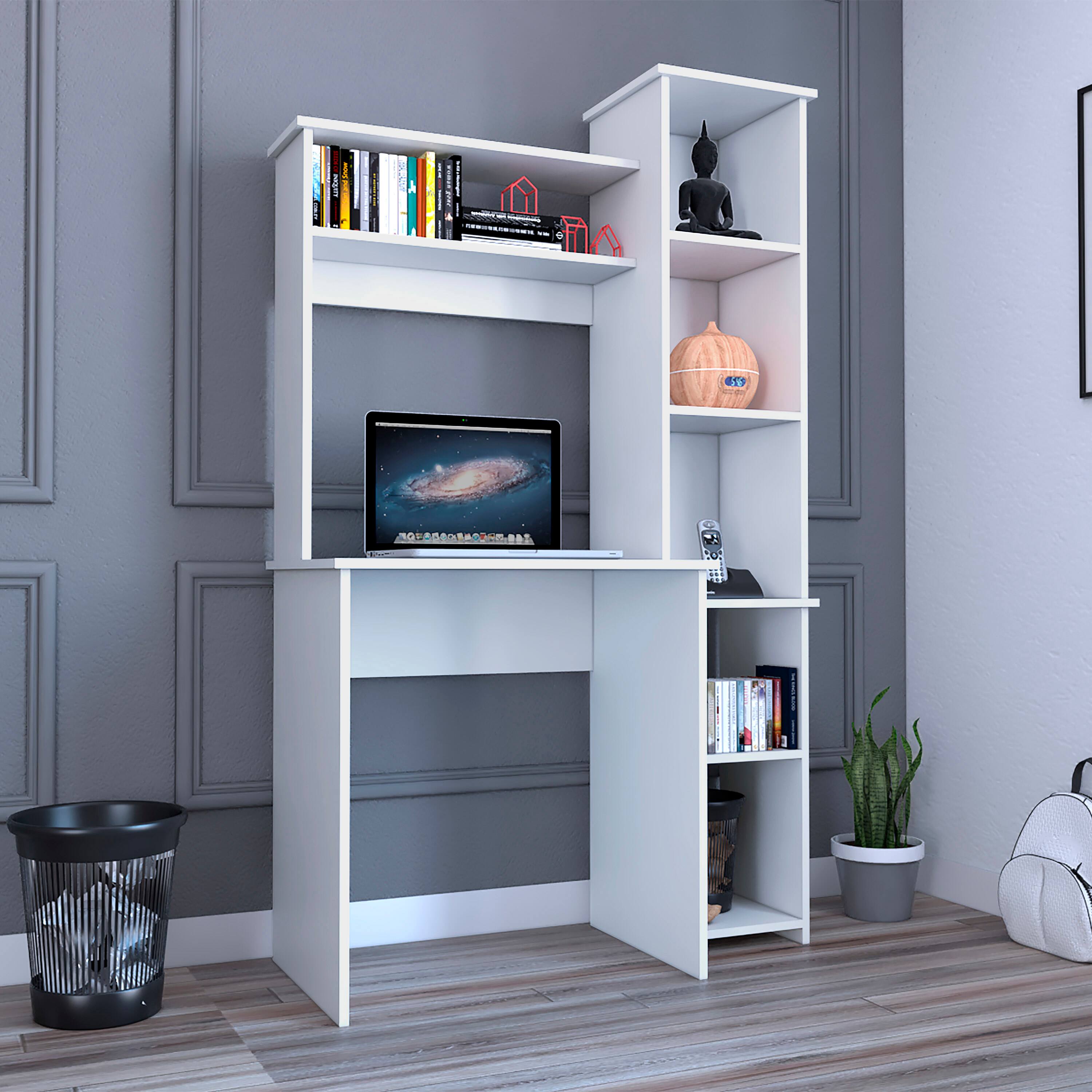Angle. Spaco - Spaco Writing Desk with Hutch, 2 Shelves 5 Cubbies, Spacious Top Surface, Compact for Home Office - White.
