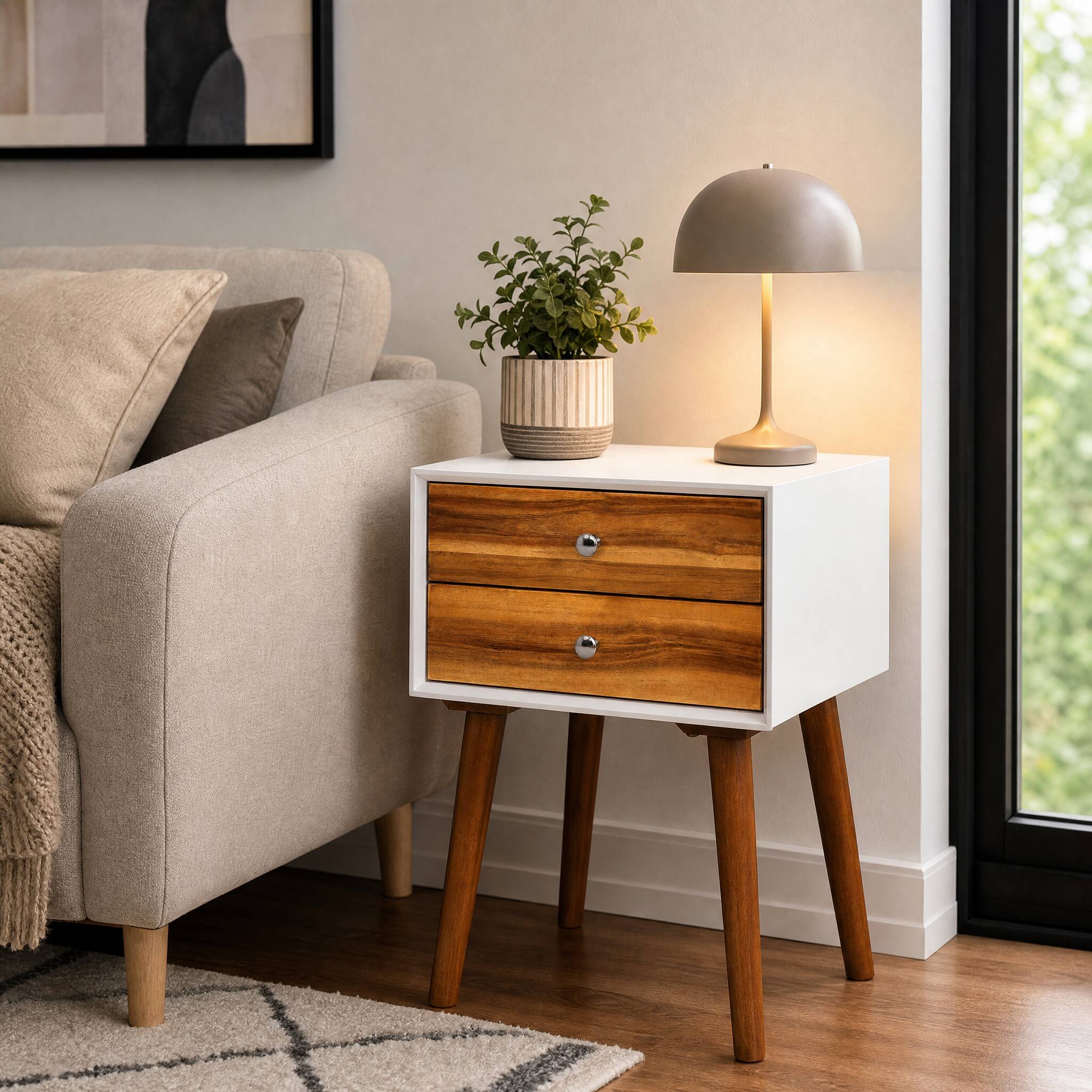 Alt View 4. WELLFOR - Mid-Century Wooden Nightstand with 2 Storage Drawers - Brown.