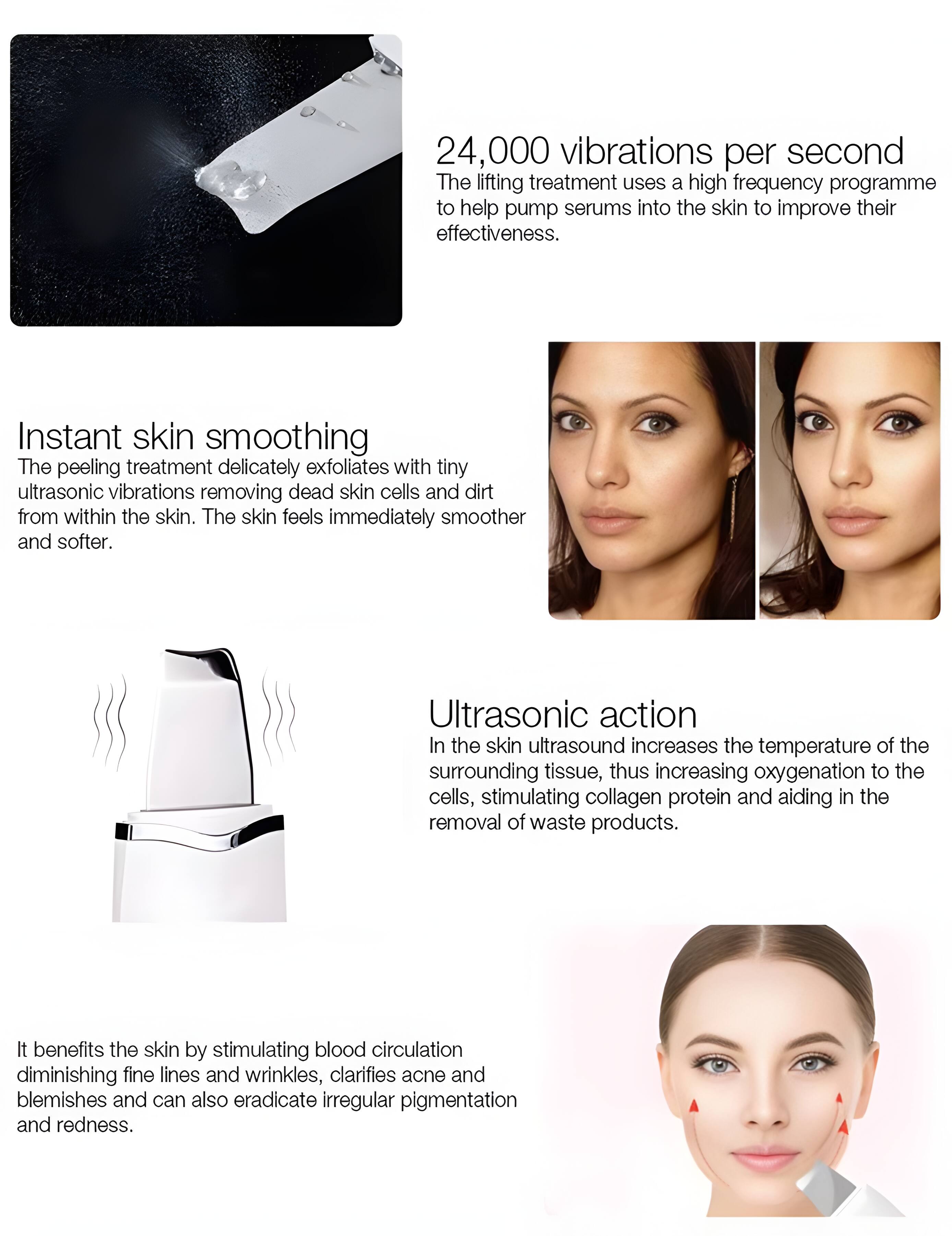 24,000 vibrations per second  
The lifting treatment uses a high frequency programme to help pump serums into the skin to improve their effectiveness.  

Instant skin smoothing  
The peeling treatment delicately exfoliates with tiny ultrasonic vibrations removing dead skin cells and dirt from within the skin. The skin feels immediately smoother and softer.  

Ultrasonic action  
In the skin ultrasound increases the temperature of the surrounding tissue, thus increasing oxygenation to the cells, stimulating collagen protein and aiding in the removal of waste products.  

It benefits the skin by stimulating blood circulation, diminishing fine lines and wrinkles, clarifies acne and blemishes and can also eradicate irregular pigmentation and redness.