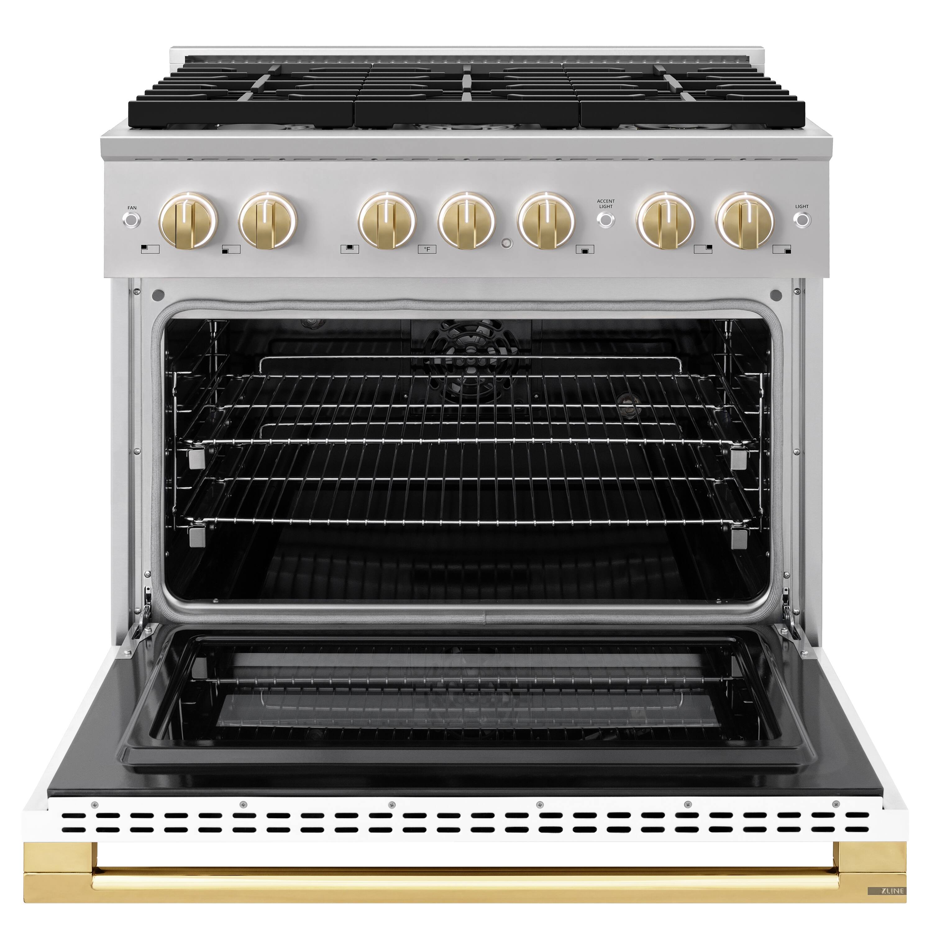 Angle. ZLINE - Autograph 36 in. 5.2 cu. ft. Marino Dual Fuel Freestanding Range with 6 Gas Burner Cooktop with White & Gold Accents - White Matte.