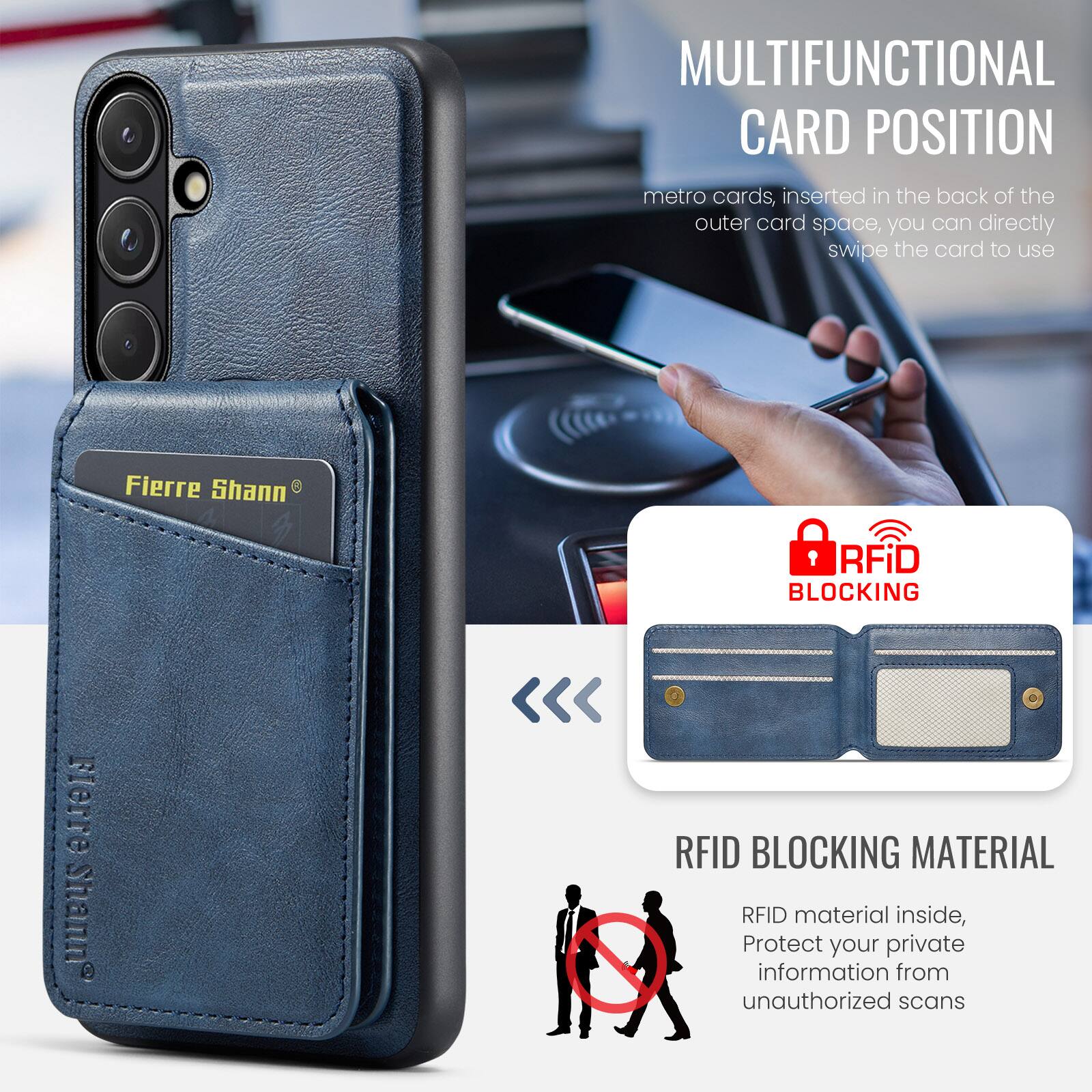 MULTIFUNCTIONAL CARD POSITION  
metro cards, inserted in the back of the outer card space, you can directly swipe the card to use  

RFID BLOCKING  
RFID BLOCKING MATERIAL  
RFID material inside, Protect your private information from unauthorized scans