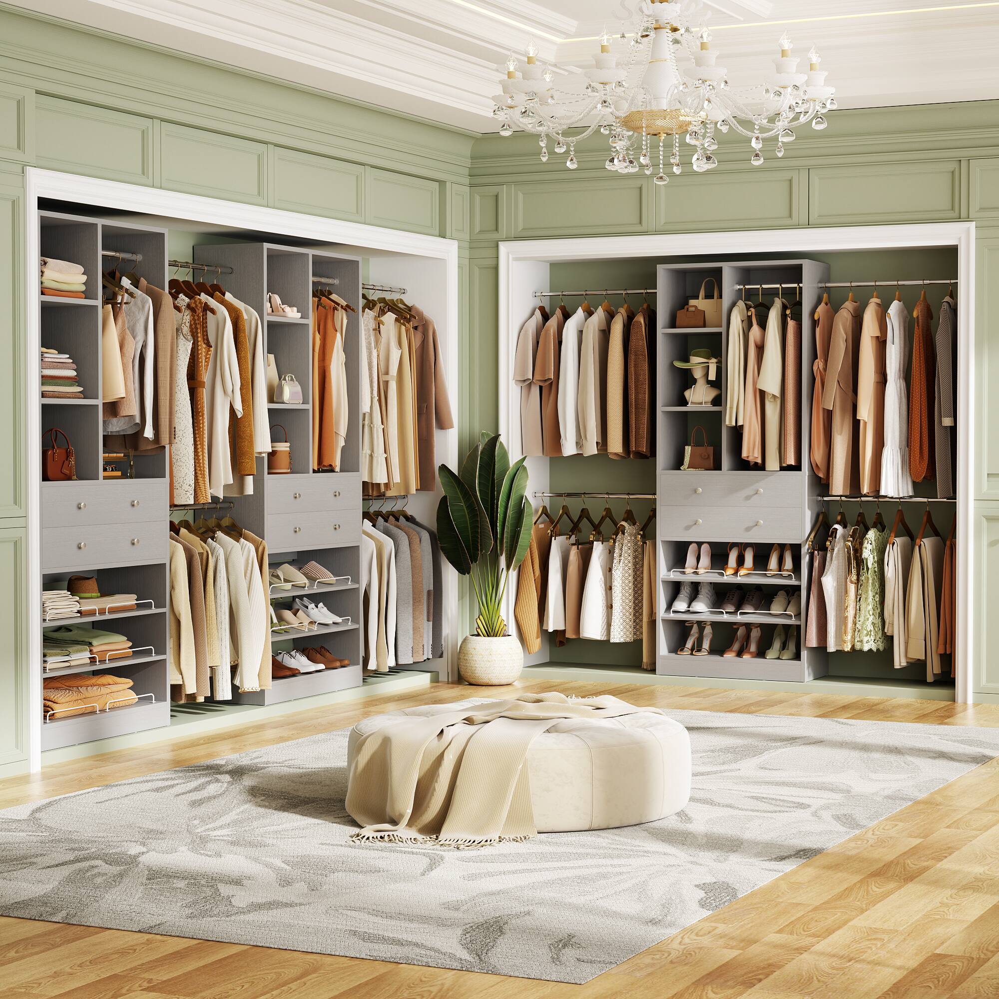 Alt View 4. Aheaplus - 8FT Heavy Duty Closet System with Hanging Rods, Drawers, Shelves, and Shoe Racks, Wardrobe System for Bedroom/Closet - Gray.